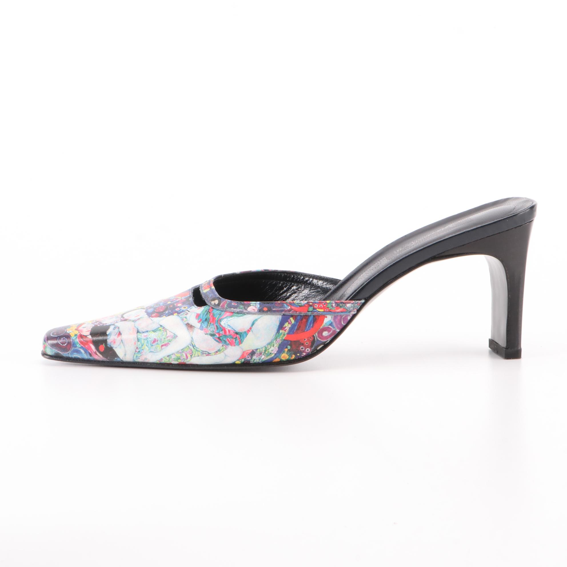 Icon Wearable Art Mules and Slides in Printed Leather