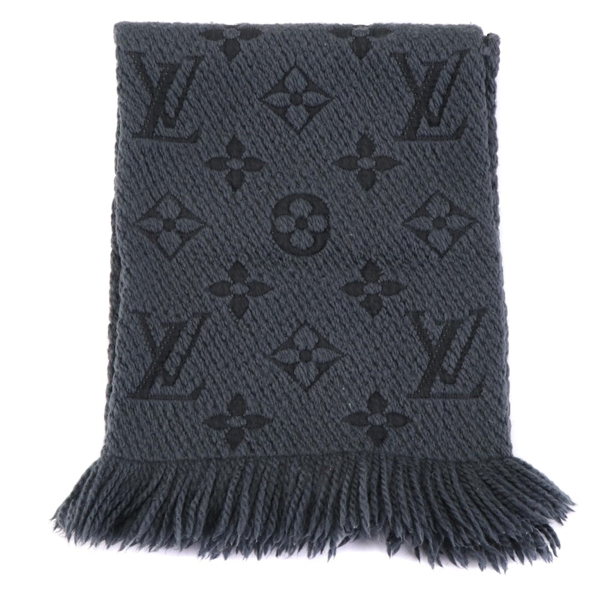 Louis Vuitton Logomania Scarf in Grey and Black Knit Jacquard