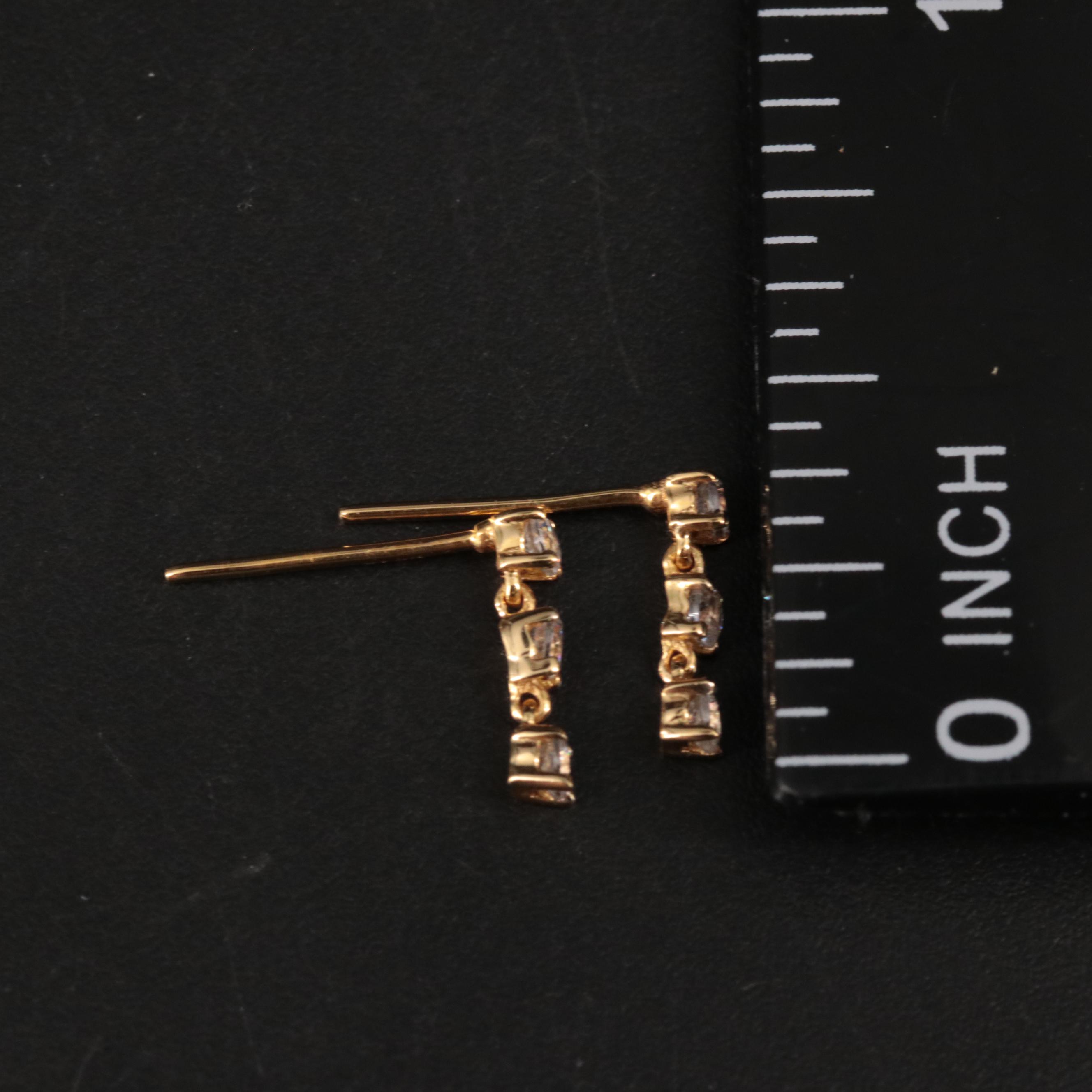 10K Cubic Zirconia Three Stone Chain Drop Earrings