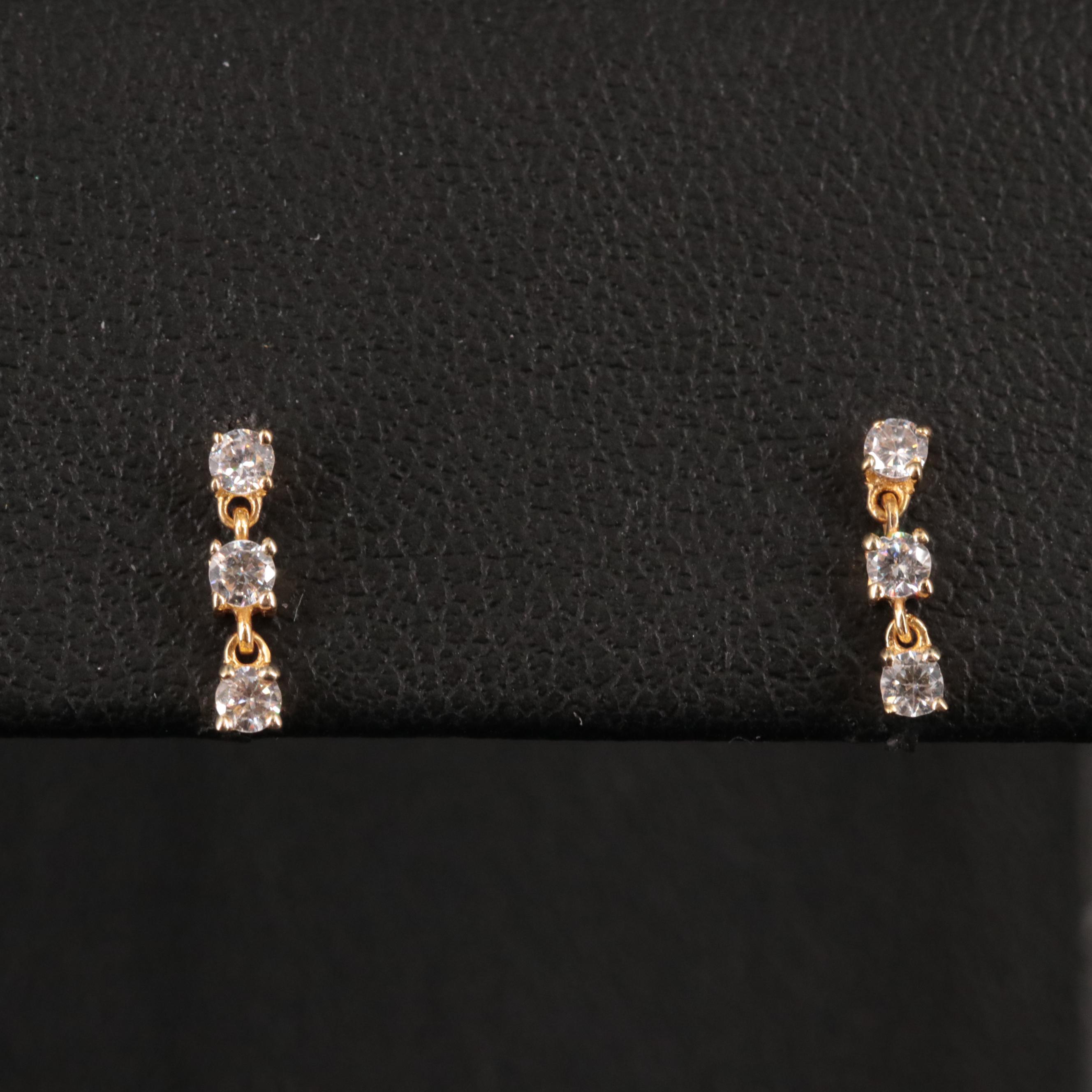 10K Cubic Zirconia Three Stone Chain Drop Earrings