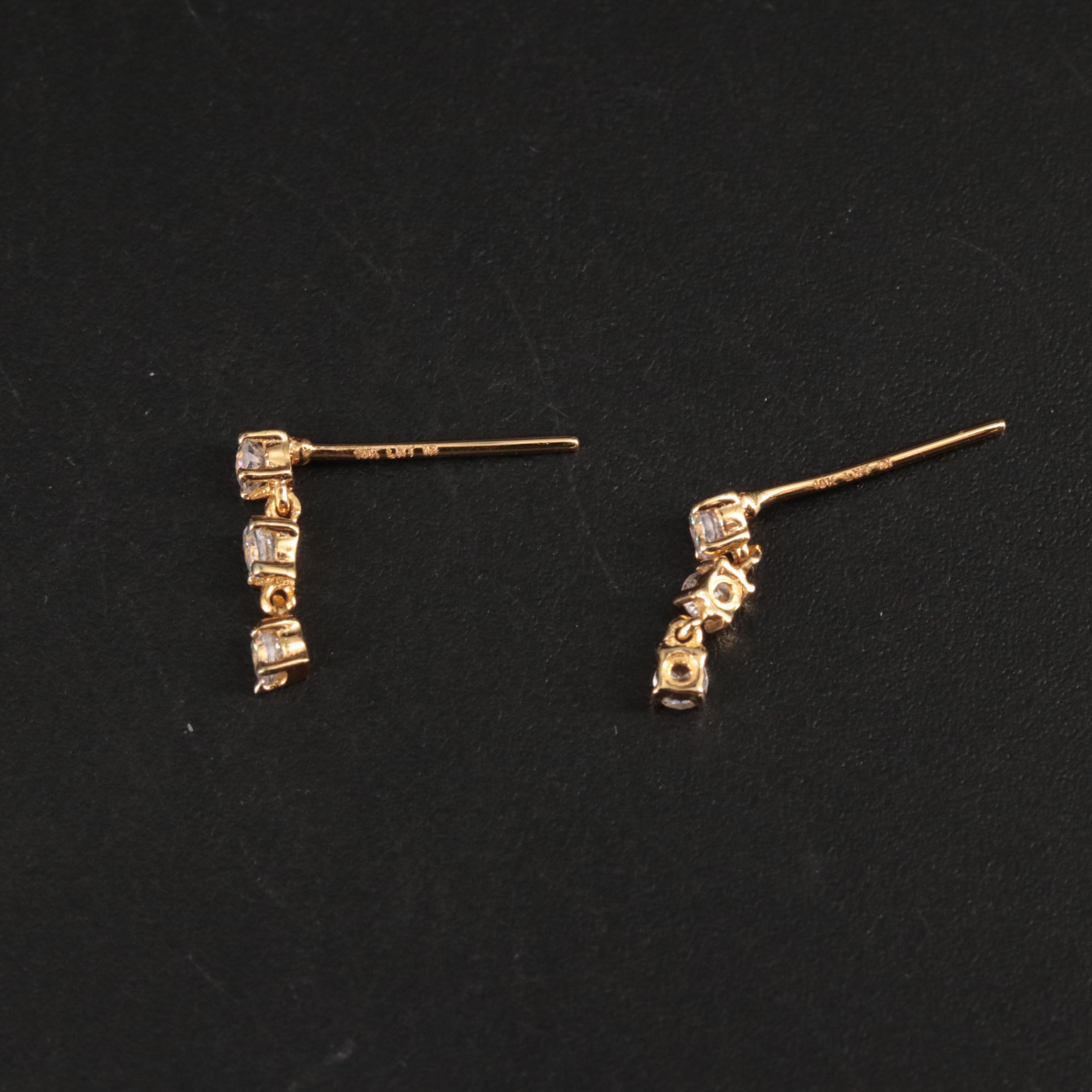 10K Cubic Zirconia Three Stone Chain Drop Earrings