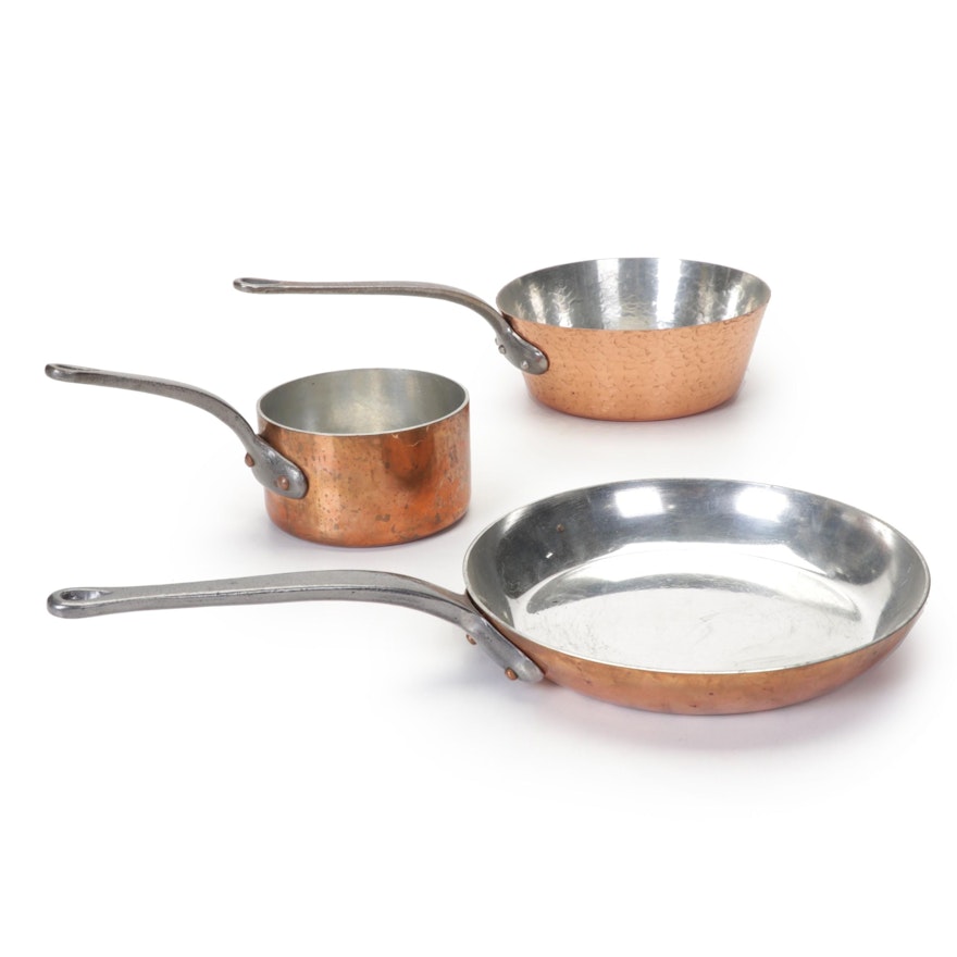 French Copper Skillet and Saucepans with Iron Handles