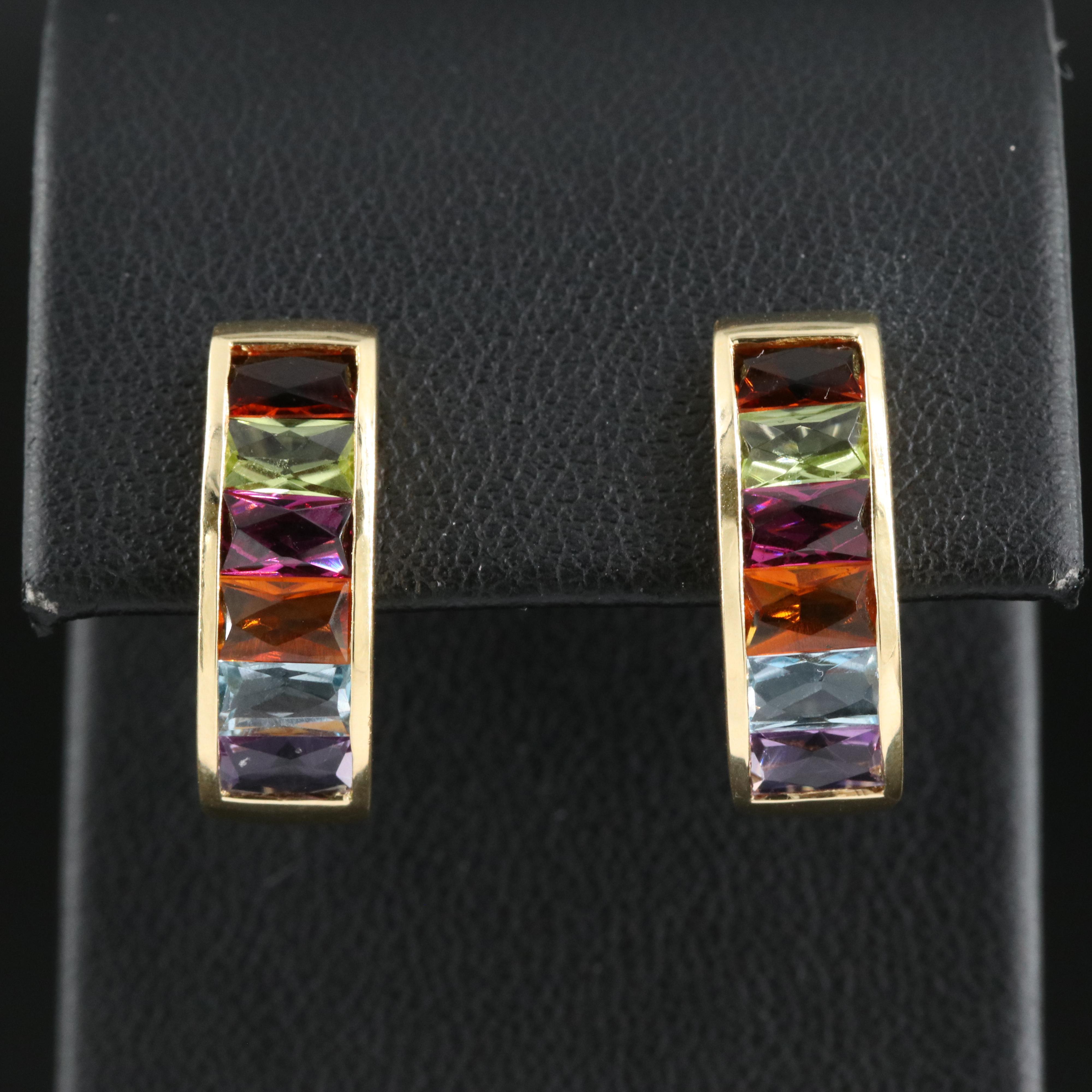 18K Citrine, Peridot, Rhodolite Garnet, Topaz and Amethyst Half Hoop Earrings