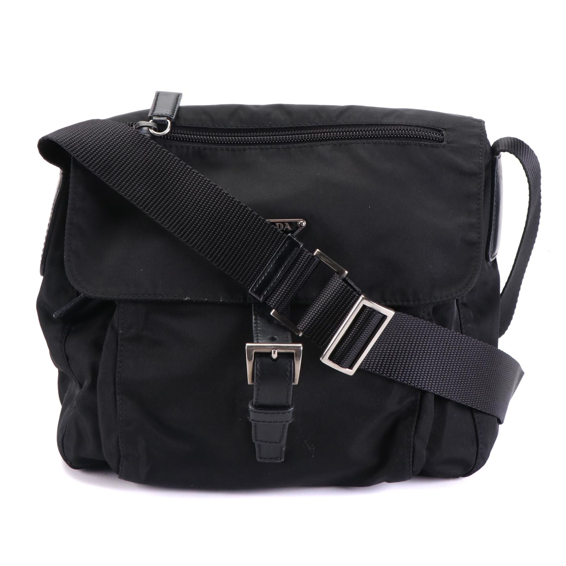 Prada Flap-Front Crossbody Bag in Nylon with Leather Trim