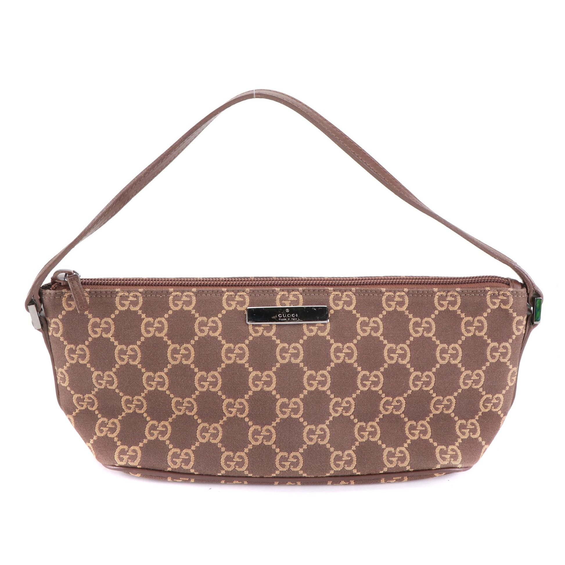 Gucci Boat Pochette Bag in GG Canvas with Brown Leather
