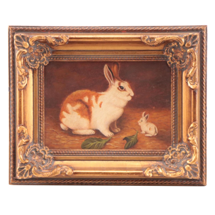 Oil Painting of Mother Bunny and Baby
