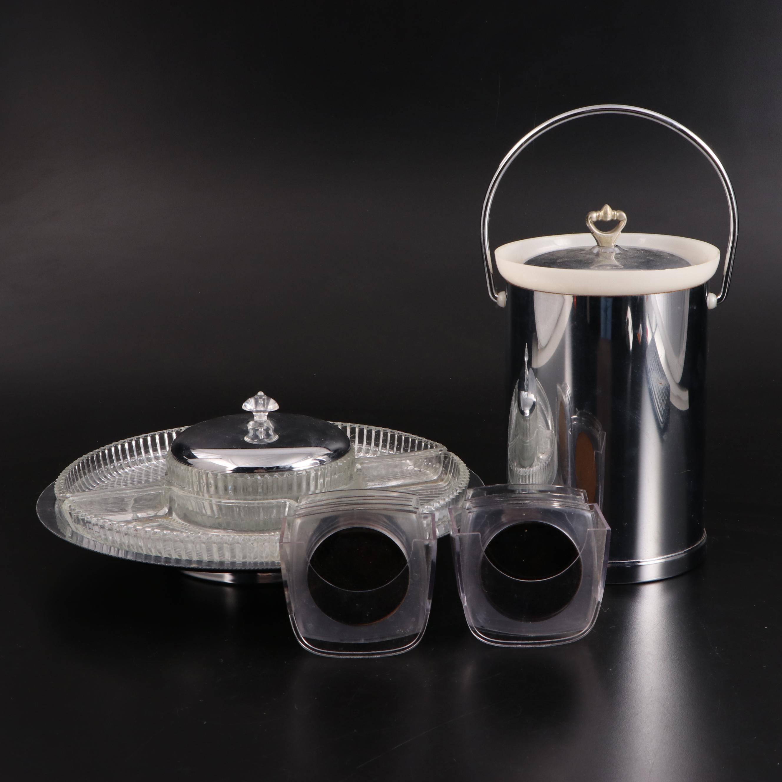 Glass and Chrome Lazy Susan with Ice Bucket and Coasters