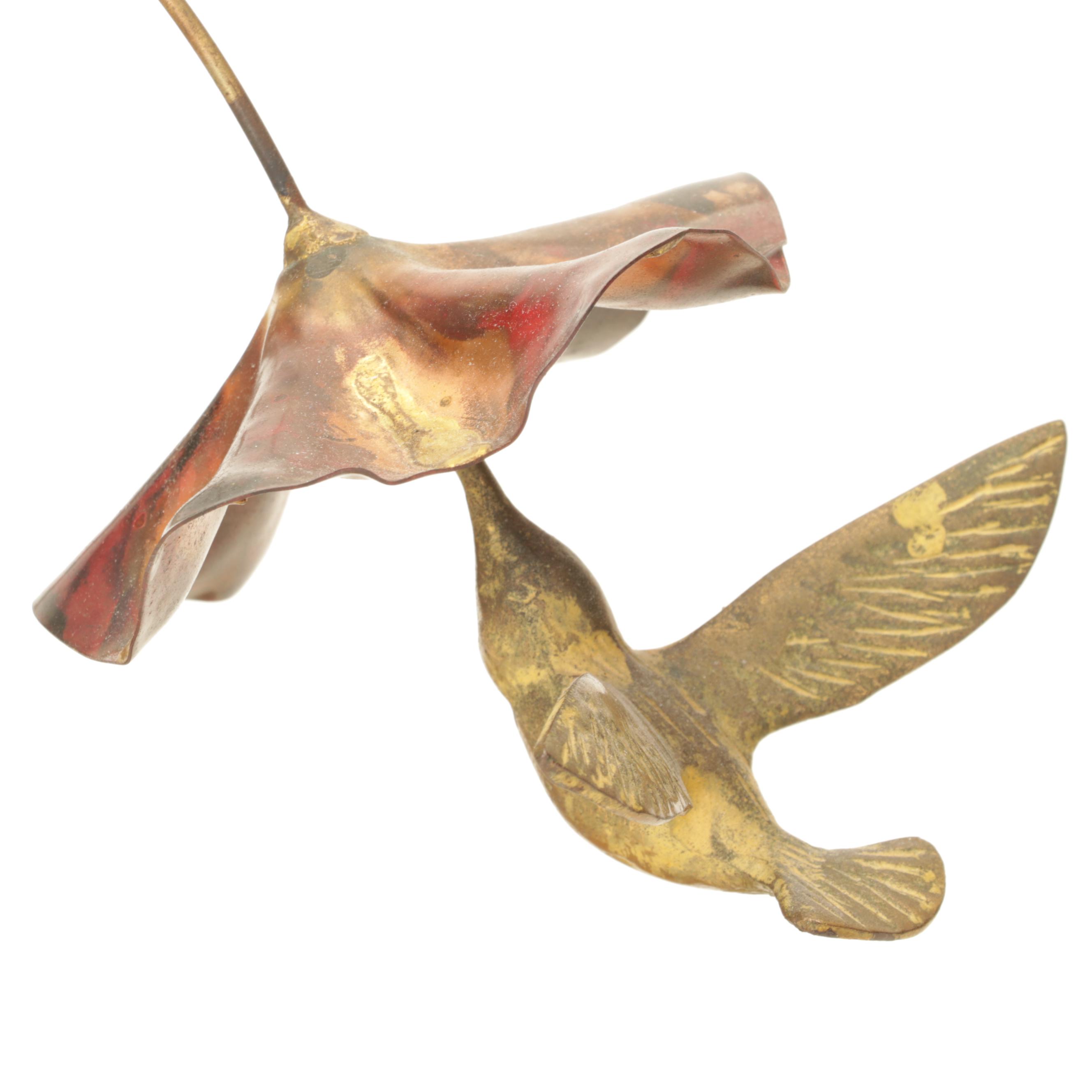 Metal Hummingbird Drinking From Flower Sculpture on Stone Base, Circa 1975
