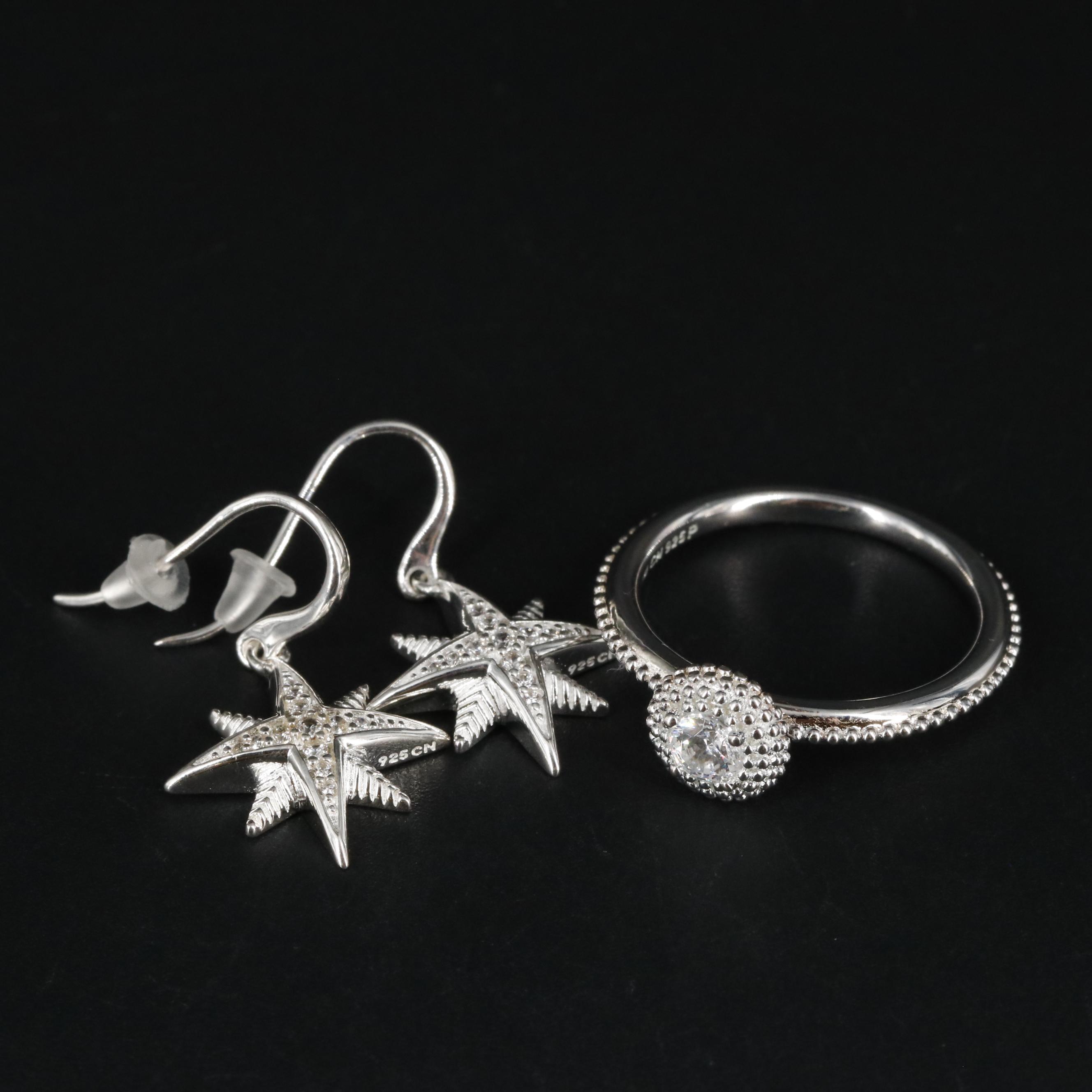 Sterling Halo Ring and Starry Earrings Set