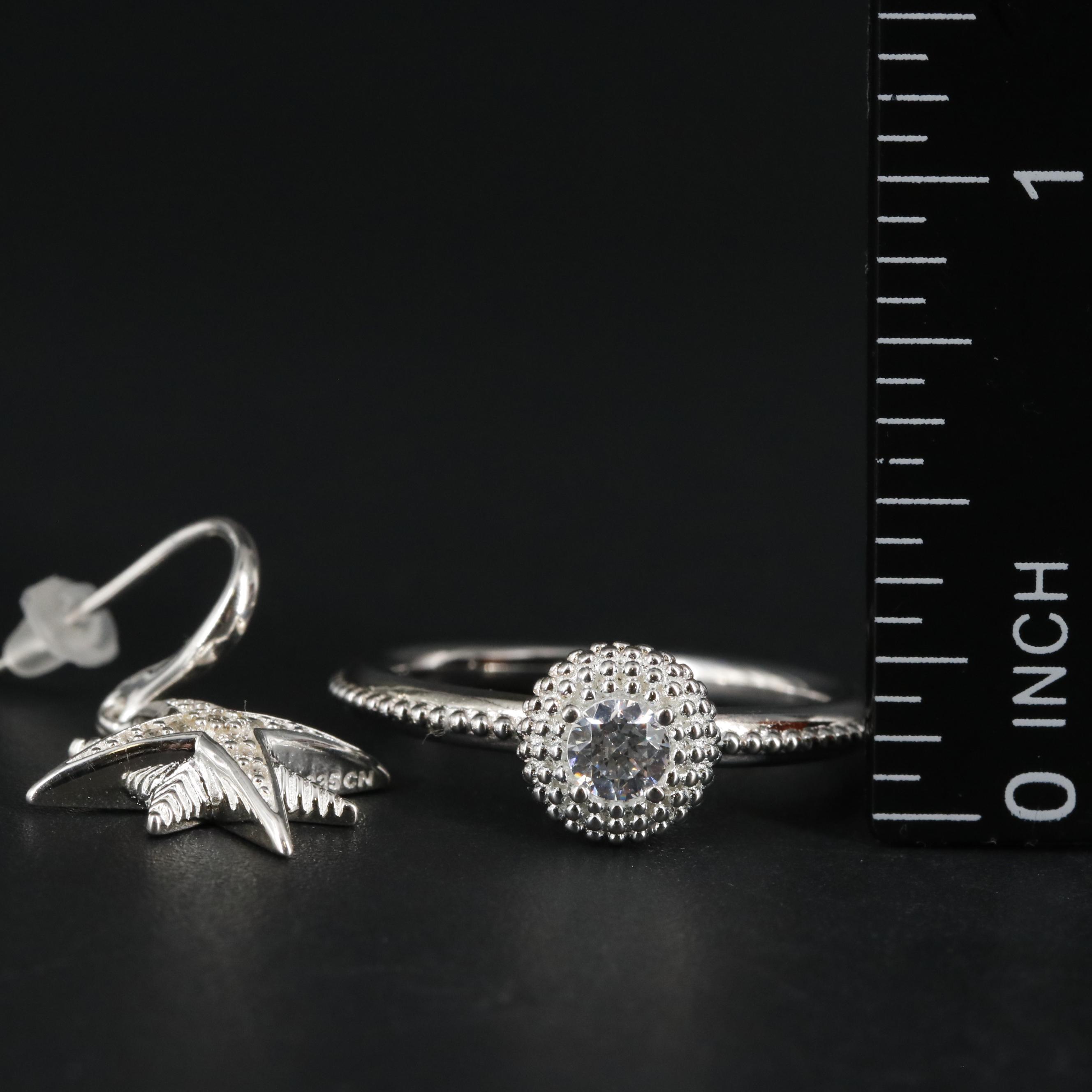 Sterling Halo Ring and Starry Earrings Set