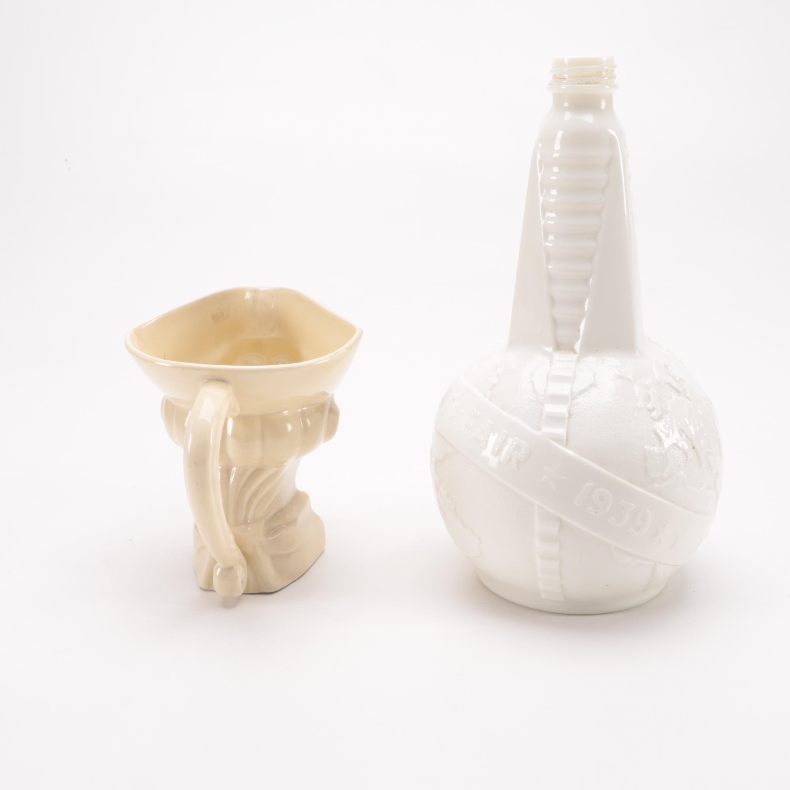 Anchor Hocking Uranium Glass World's Fair Bottle with Creamer and Banner