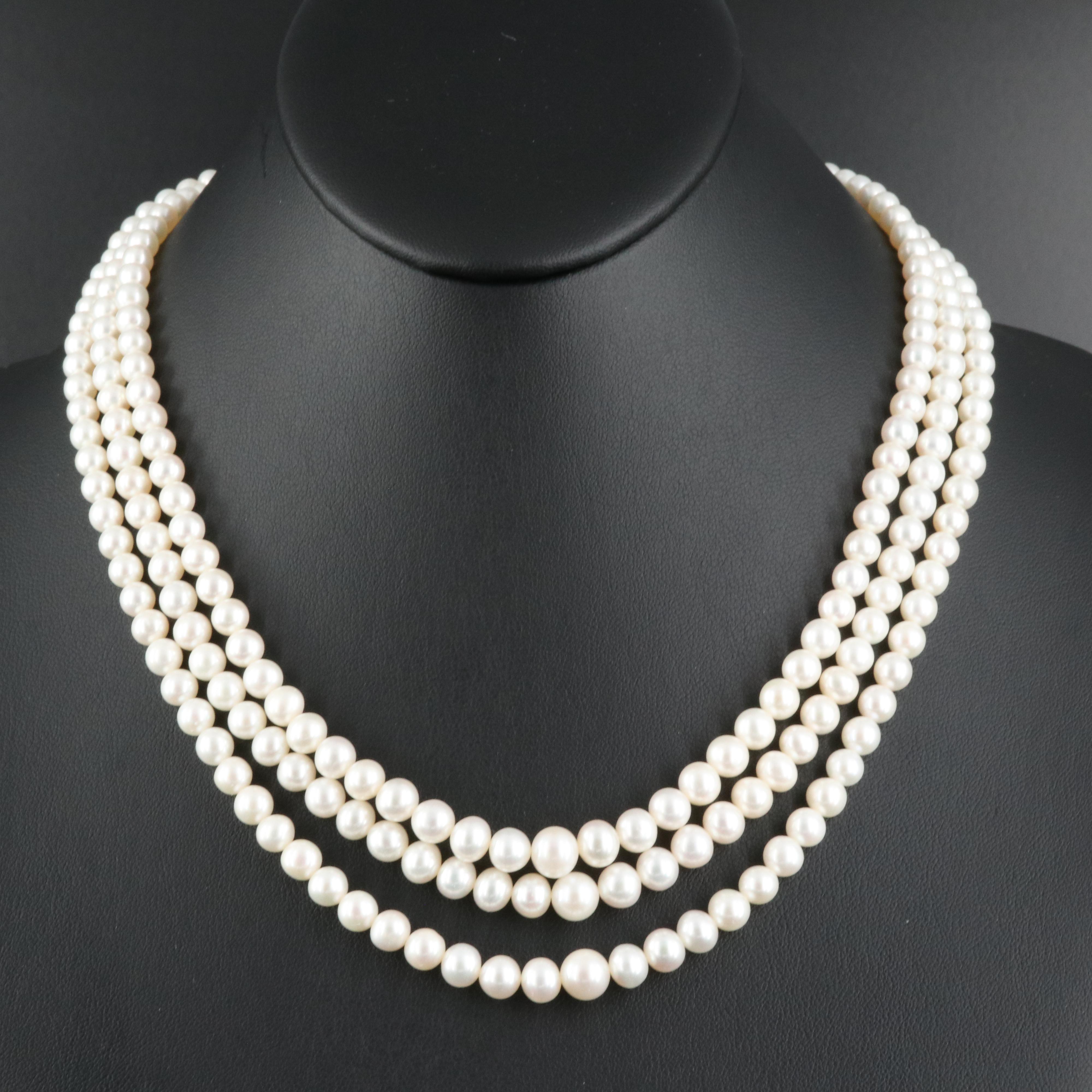 Graduated Triple-Strand Pearl Necklace with 14K