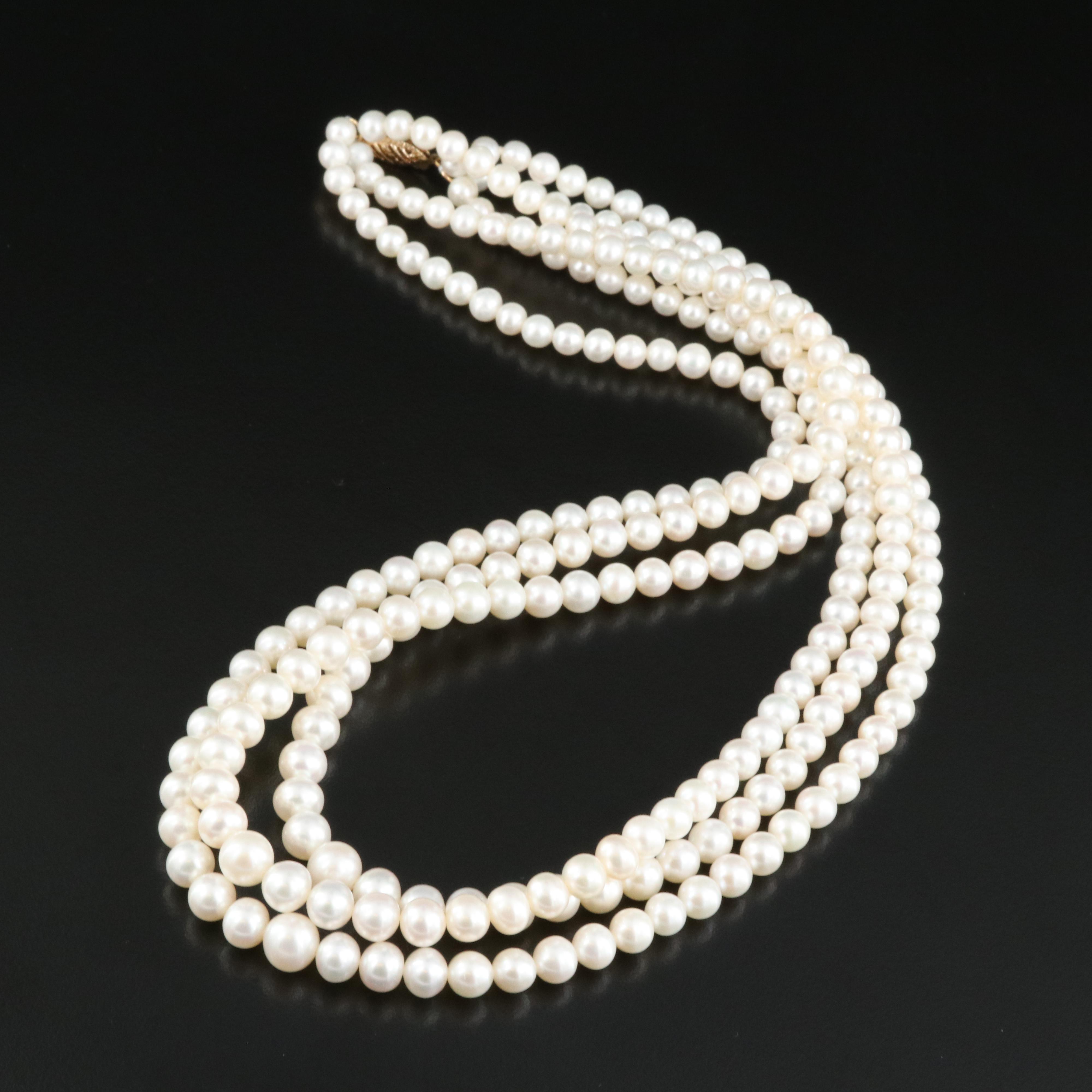 Graduated Triple-Strand Pearl Necklace with 14K