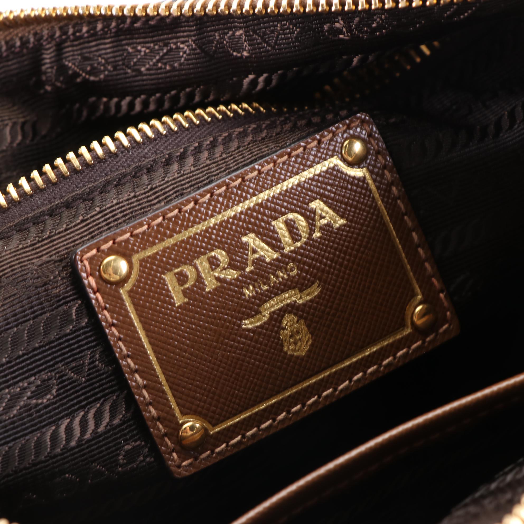 Prada Small Logo Shoulder Bag in Nylon Gabardine and Brown Saffiano Leather