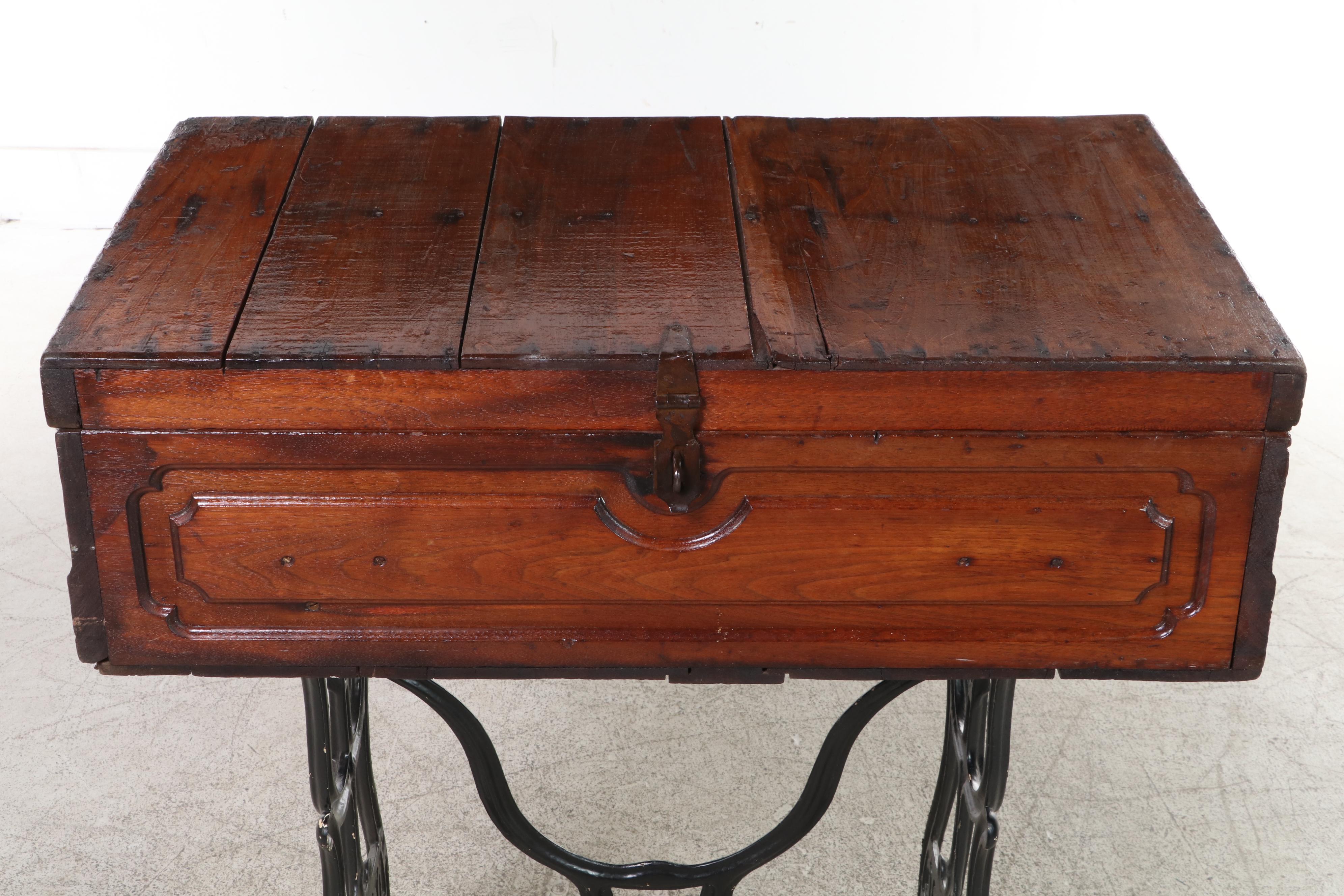 Victorian Crate on Domestic Treadle Sewing Machine Base, Adapted