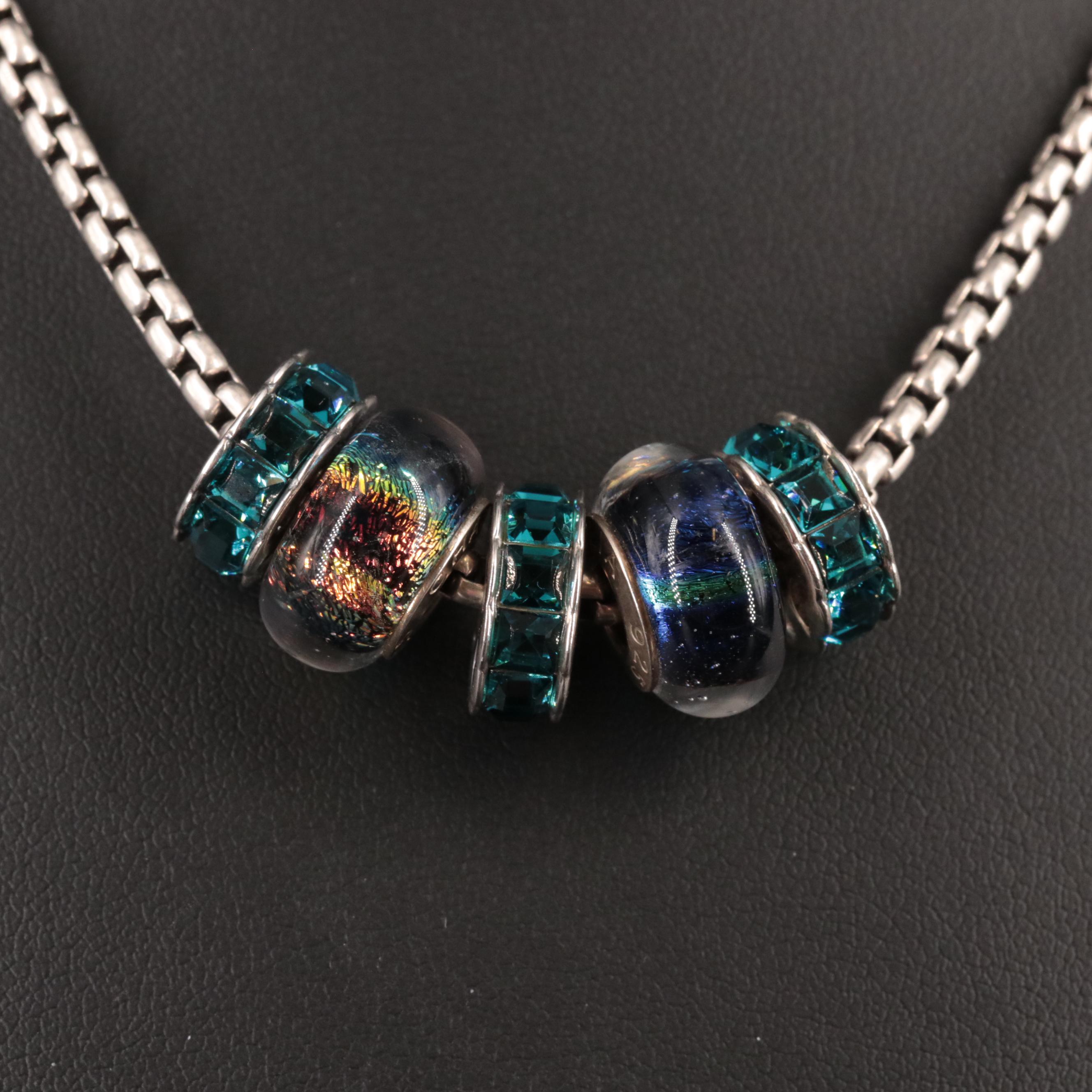 Sterling Chamilia Box Chain Necklace With Blue Glass Beads