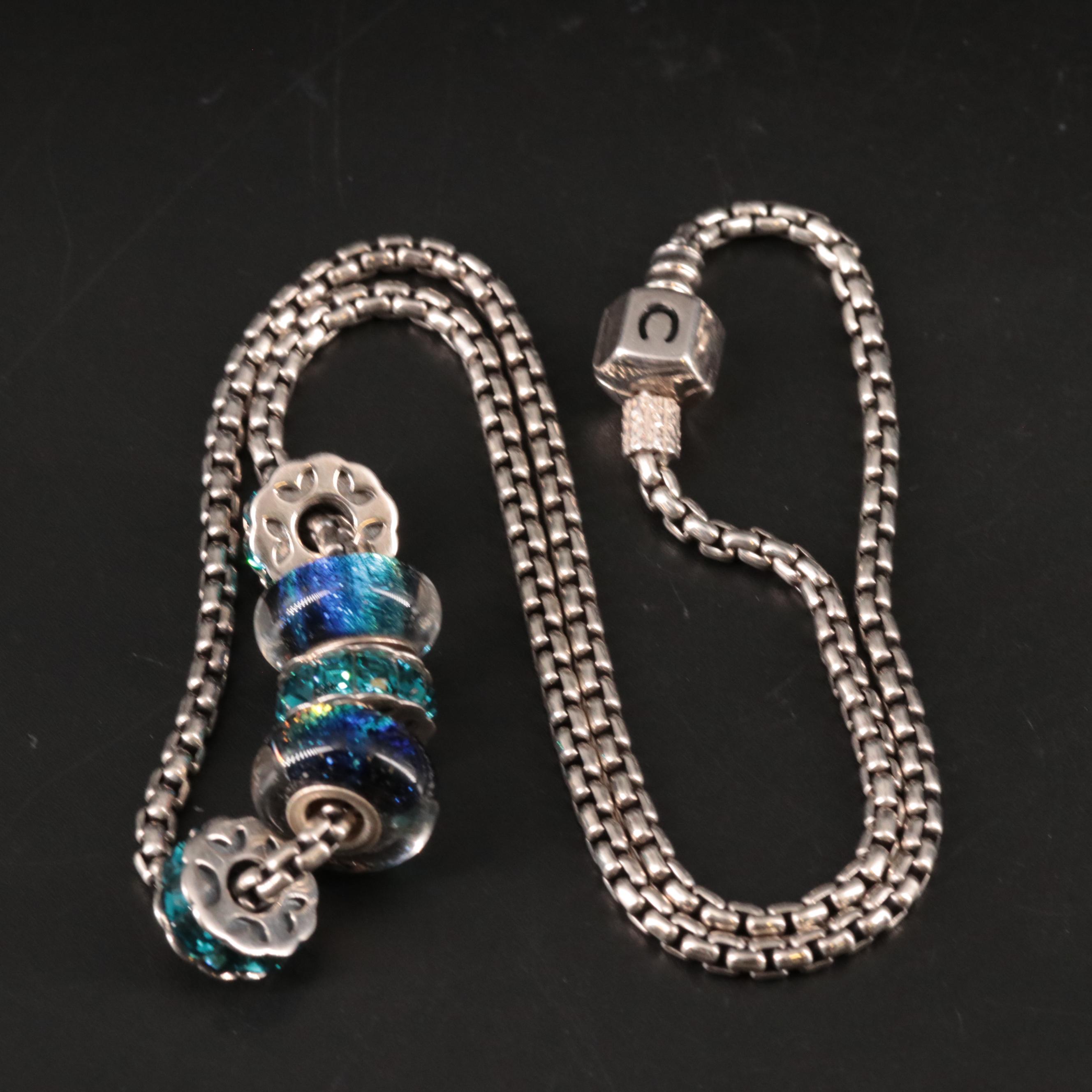 Sterling Chamilia Box Chain Necklace With Blue Glass Beads