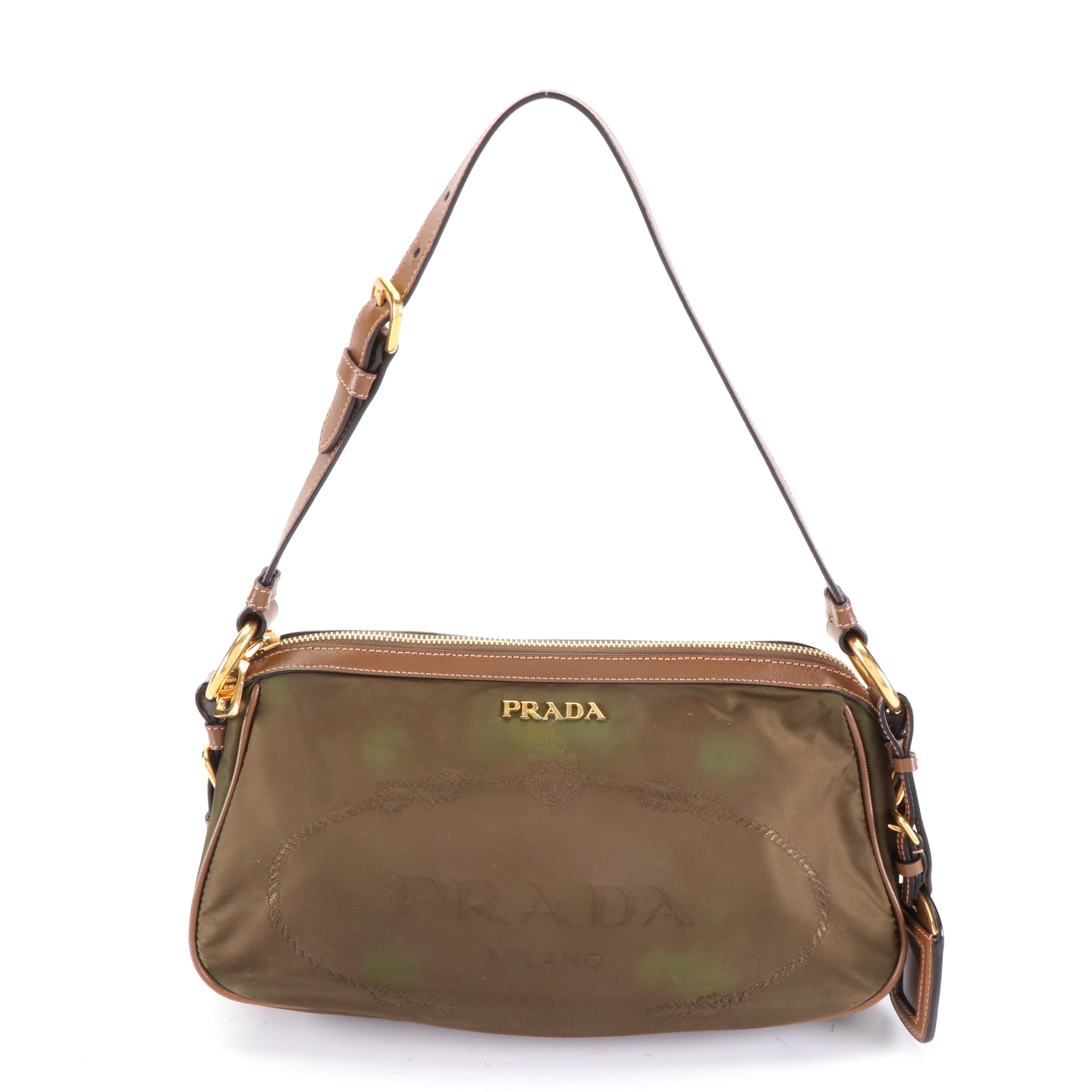 Prada Small Logo Shoulder Bag in Nylon Gabardine and Brown Saffiano Leather