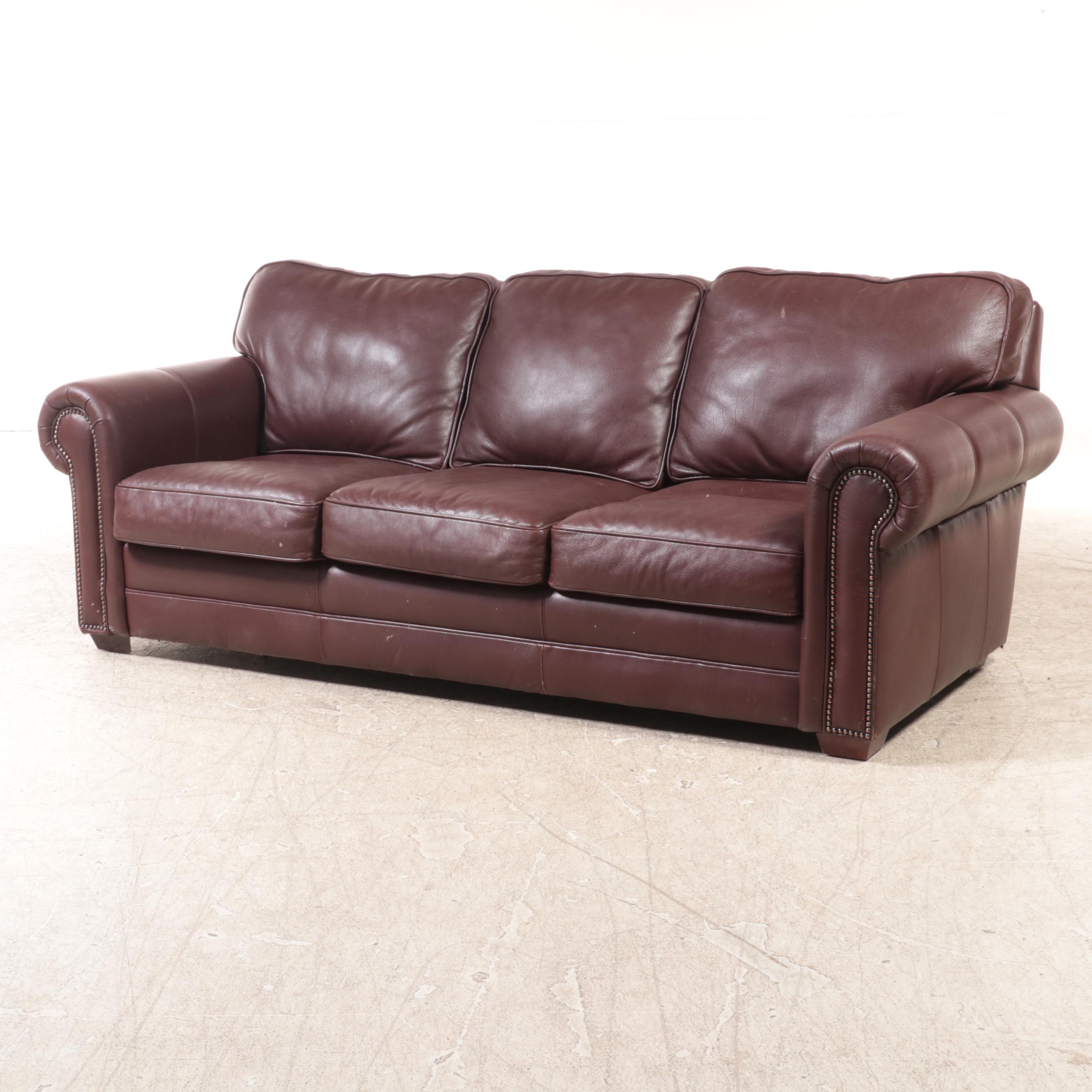 FrontRoom Furnishings Leather Roll-Arm Sofa with Nailhead Trim