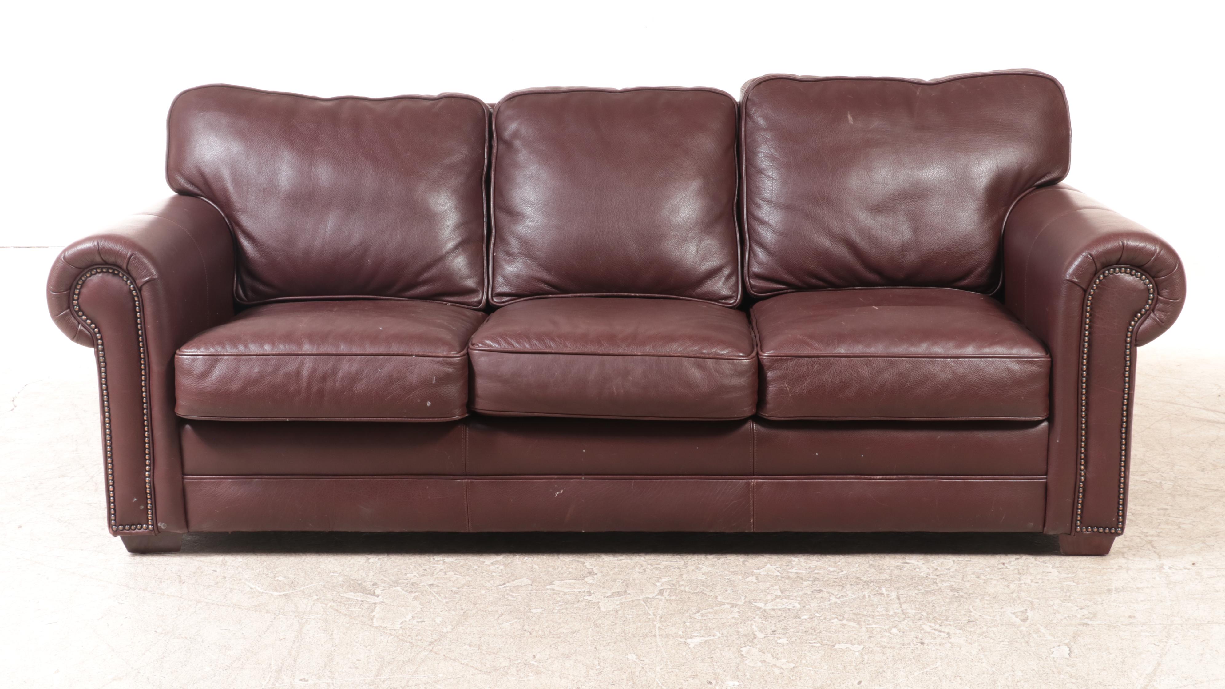 FrontRoom Furnishings Leather Roll-Arm Sofa with Nailhead Trim