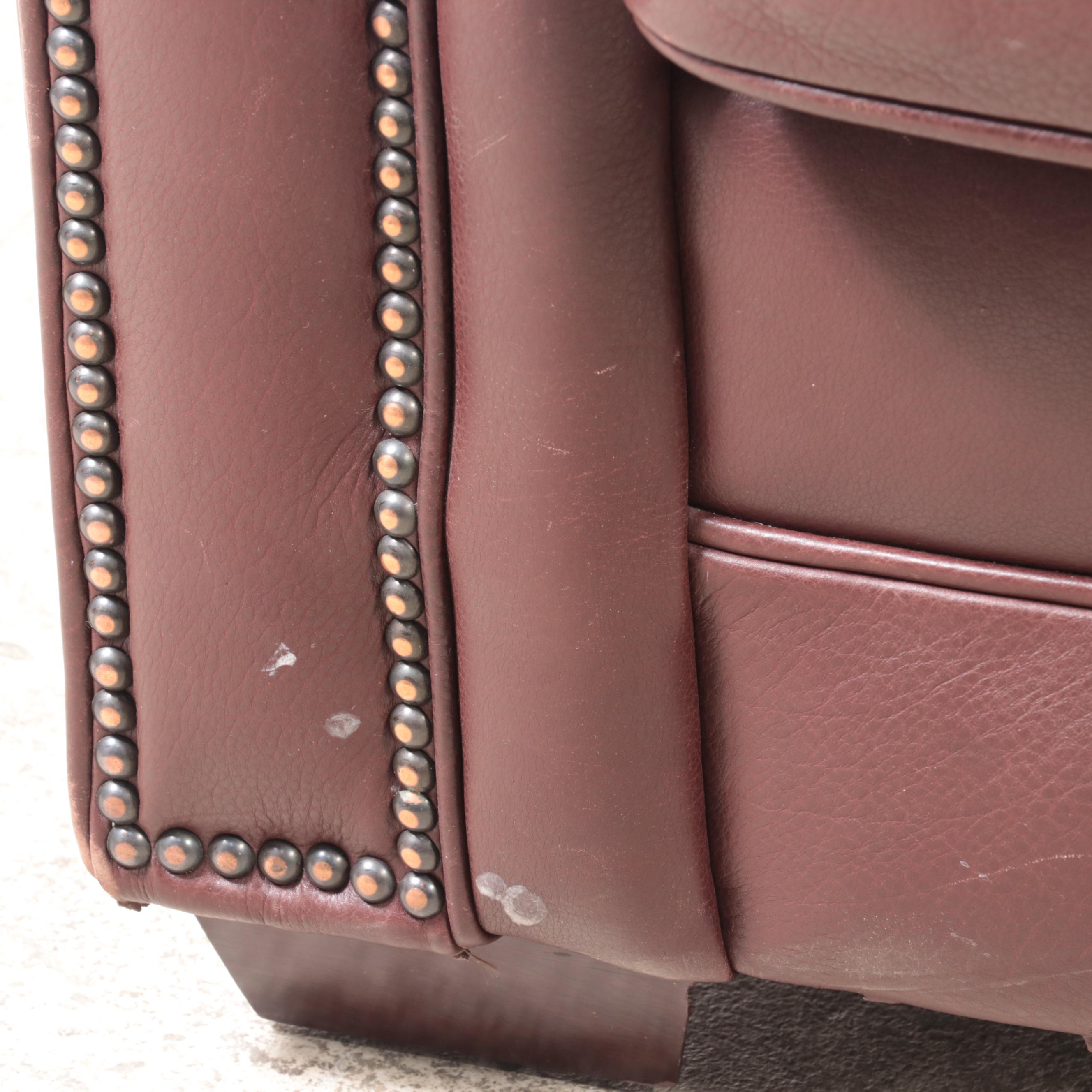 FrontRoom Furnishings Leather Roll-Arm Sofa with Nailhead Trim