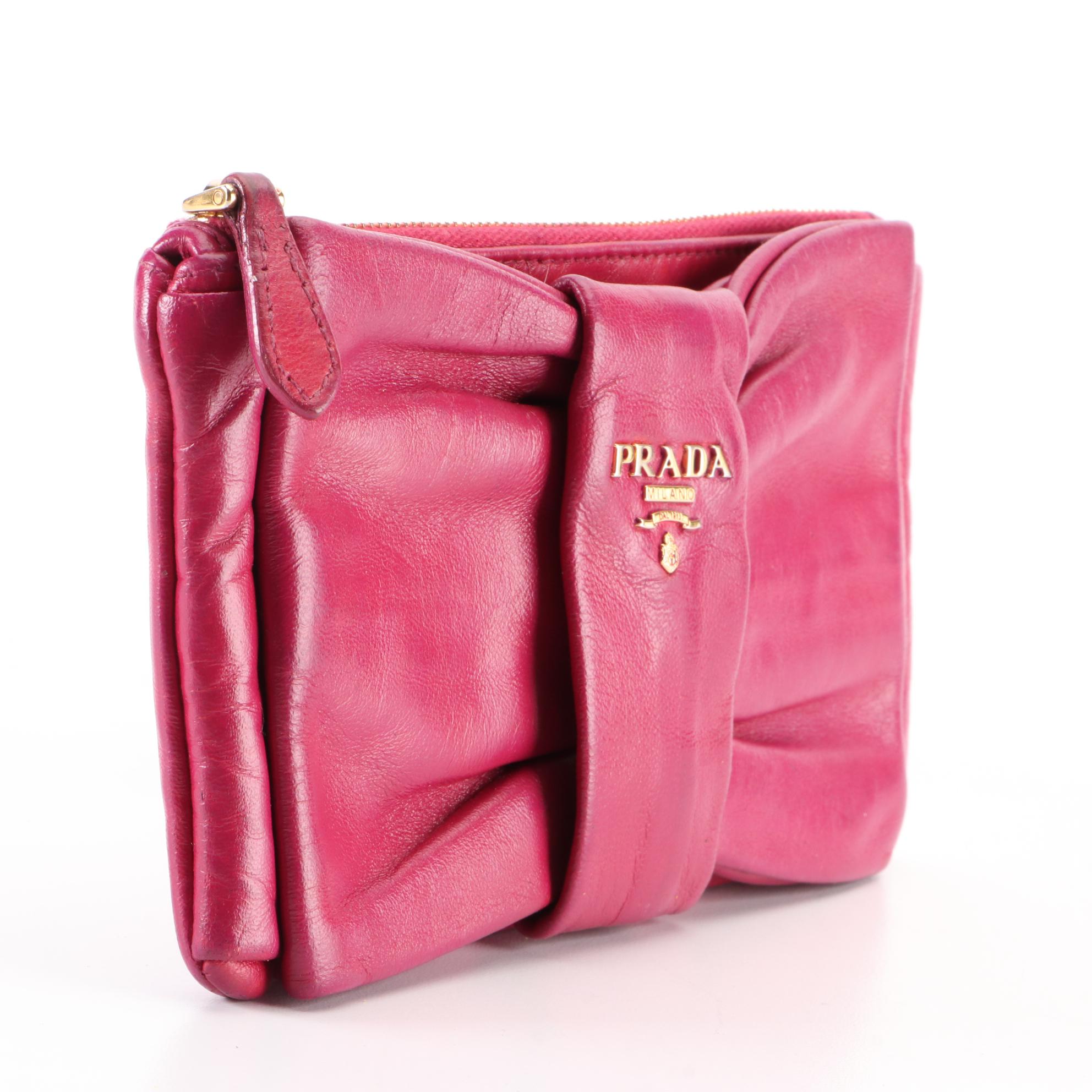 Prada Pleated Leather Bow Zip Pouch