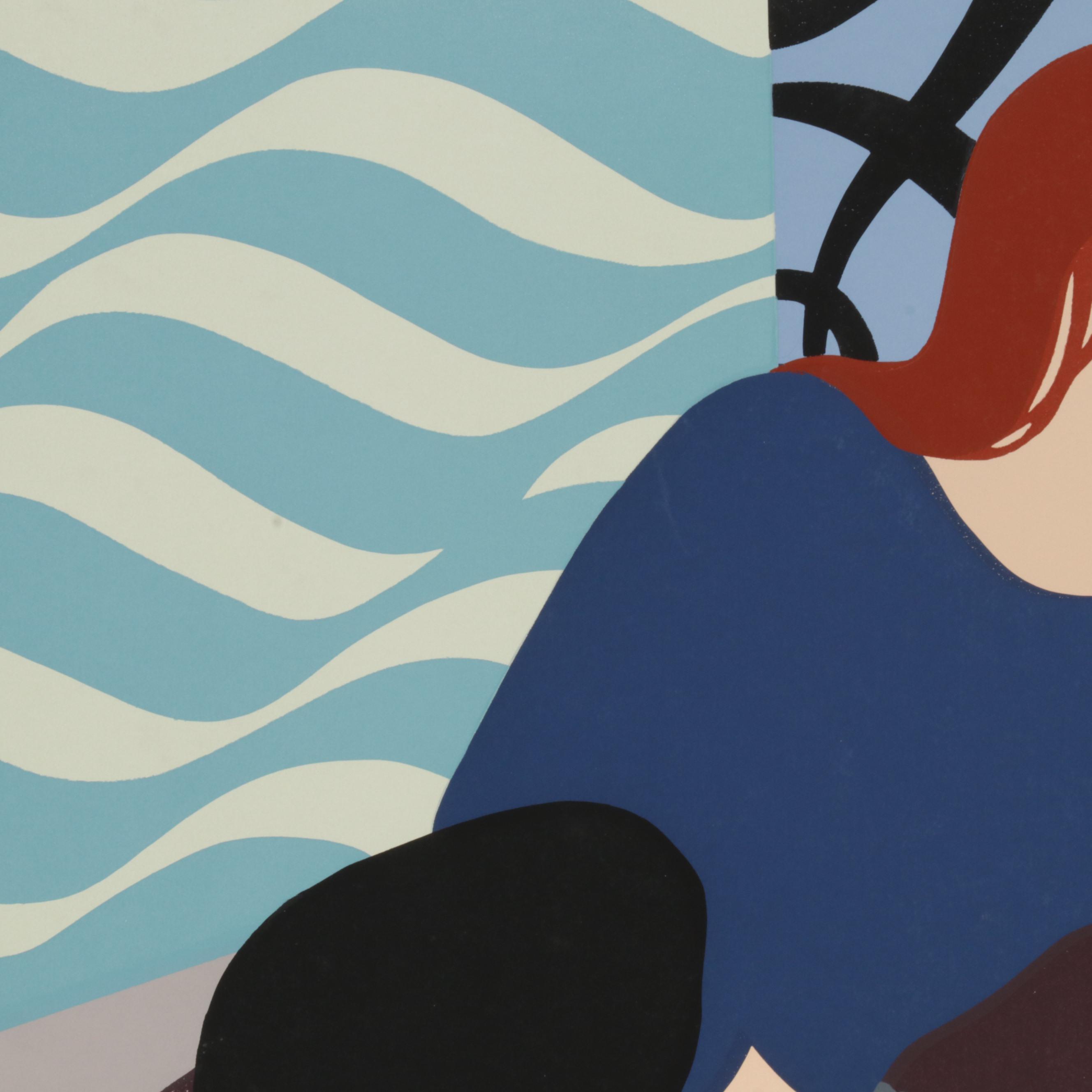 Lyn Seward Folk Art Serigraph "Blue Girl," Late 20th Century