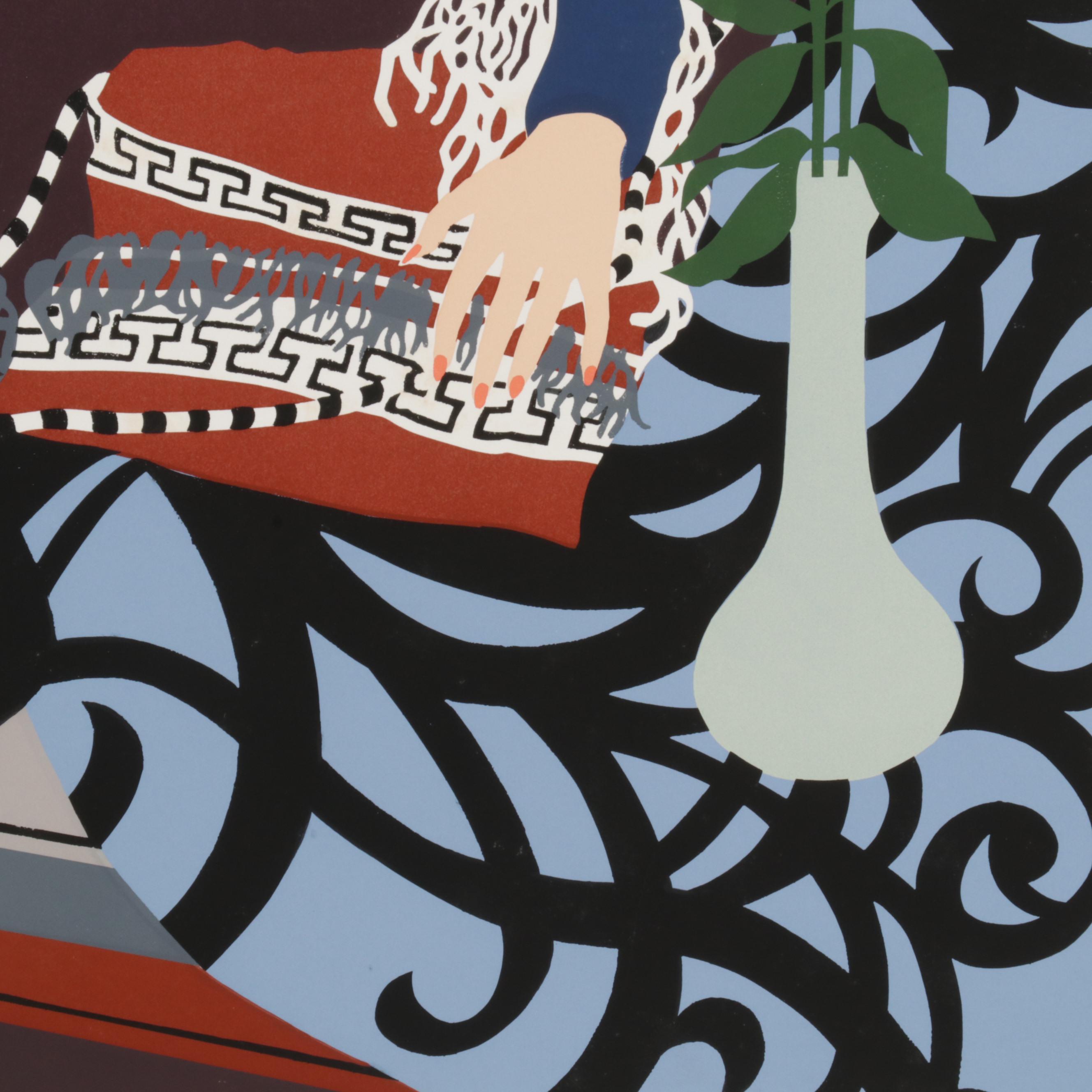 Lyn Seward Folk Art Serigraph "Blue Girl," Late 20th Century