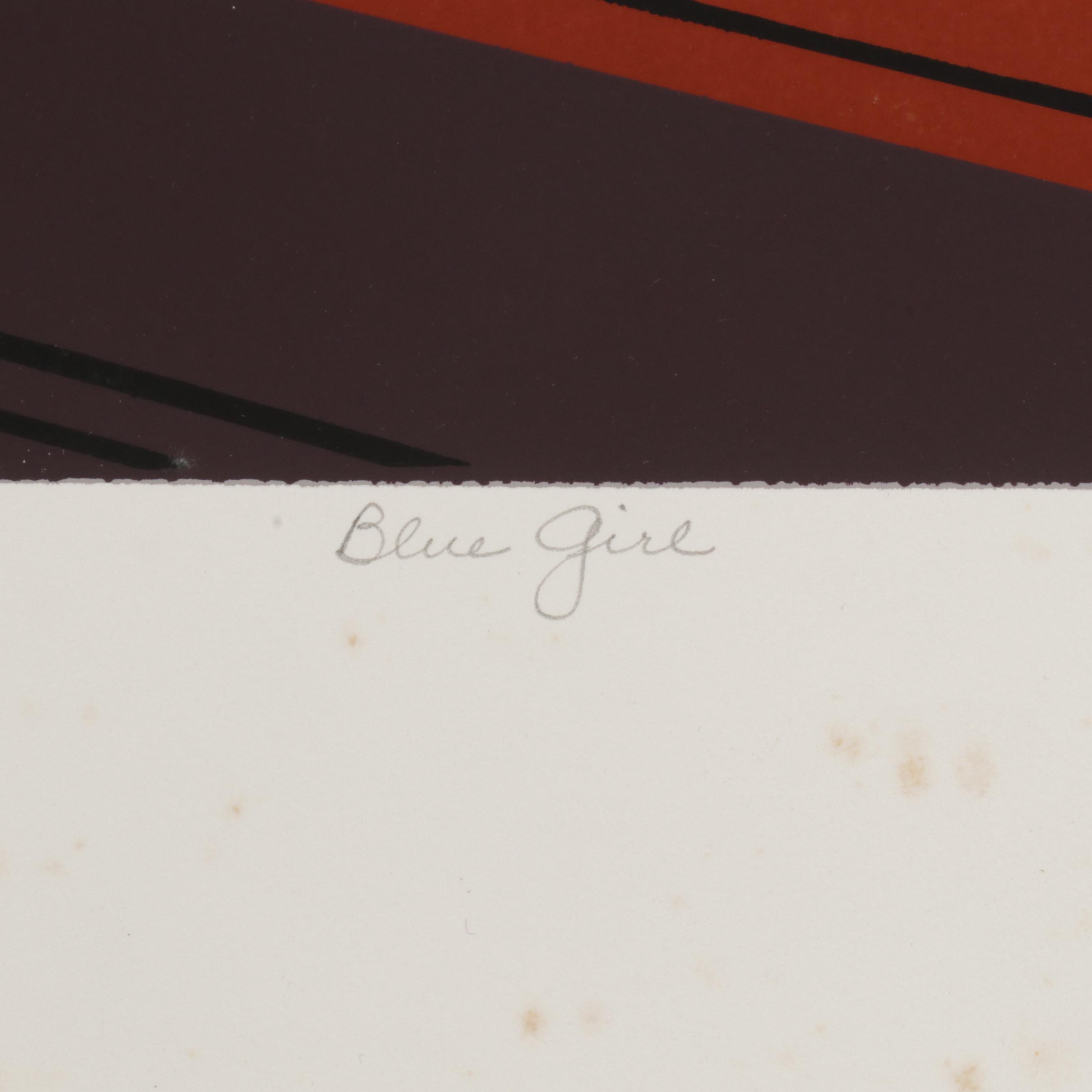 Lyn Seward Folk Art Serigraph "Blue Girl," Late 20th Century