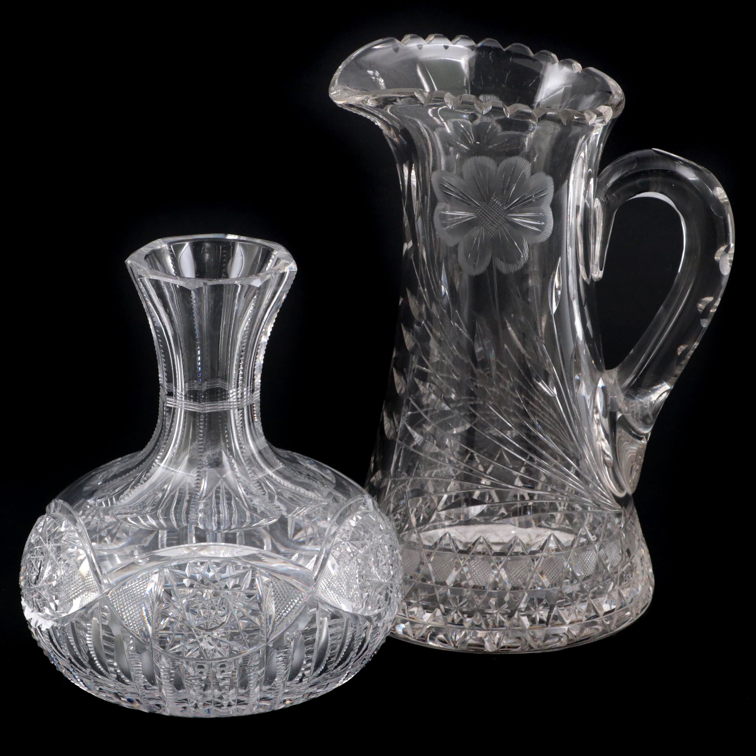 American Brilliant Style Cut Glass Carafe and Pitcher, 20th Century