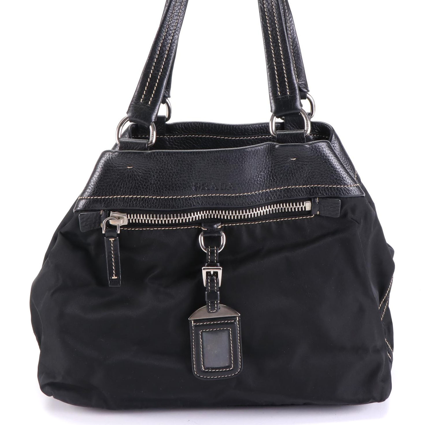 Prada Small Shoulder Bag in Black Nylon Gabardine and Deerskin Leather