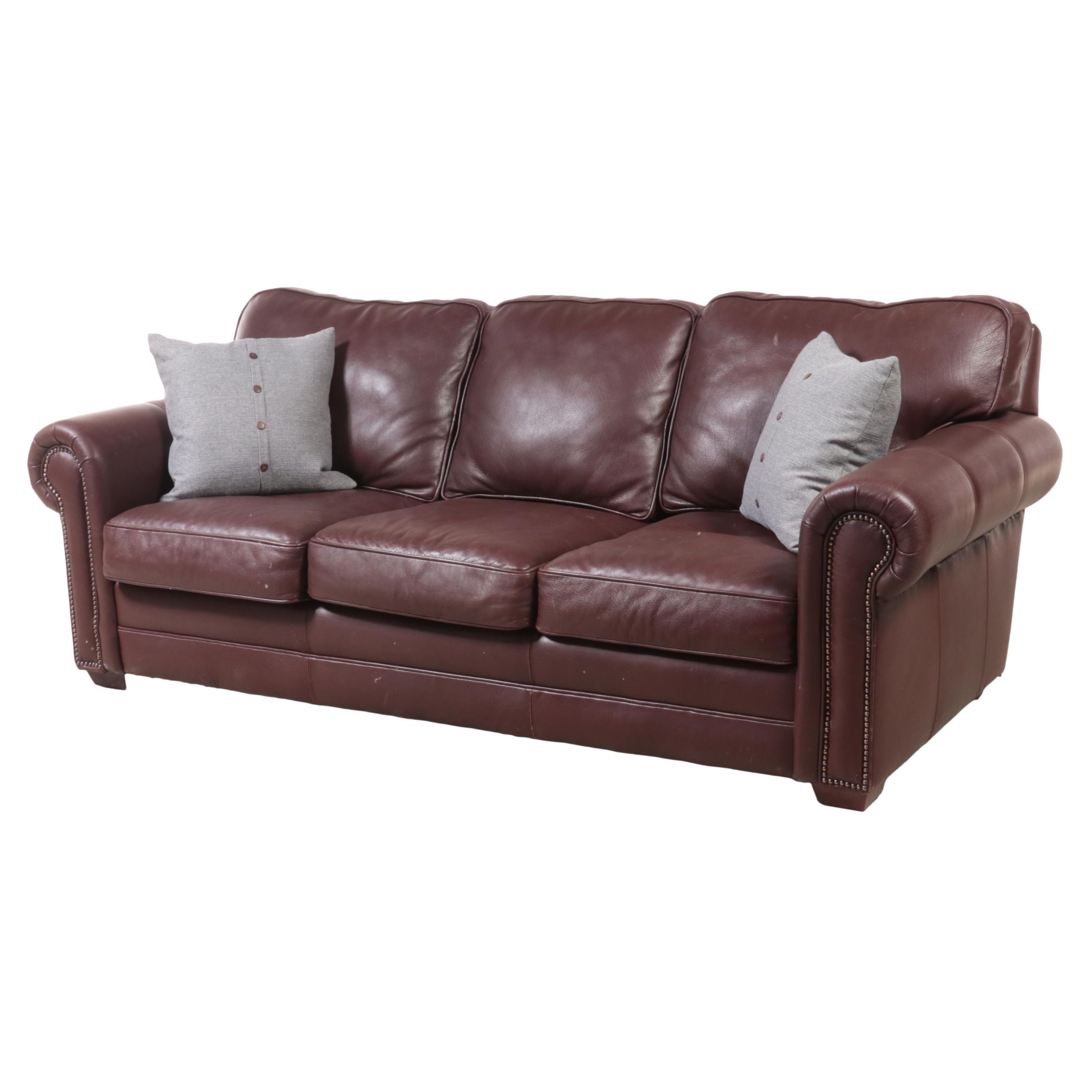 FrontRoom Furnishings Leather Roll-Arm Sofa with Nailhead Trim