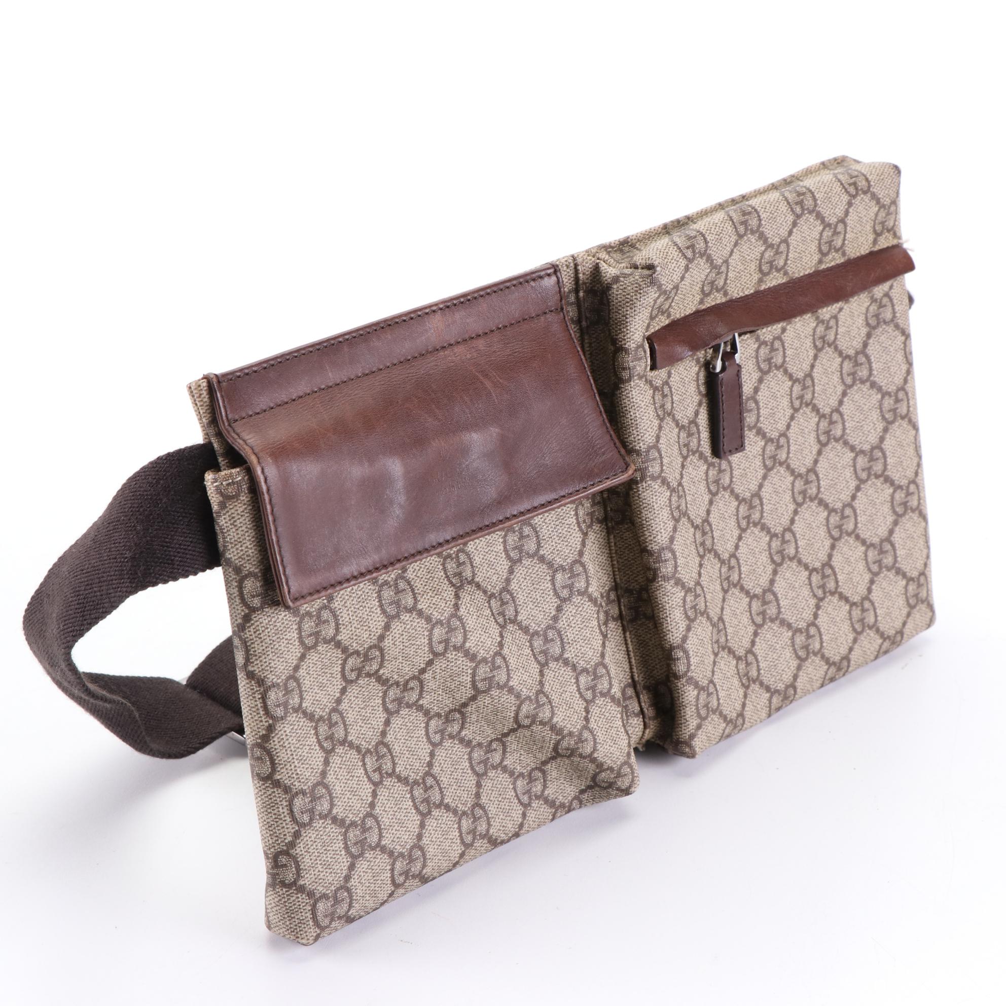Gucci Waist Bag in GG Supreme Canvas and Brown Leather