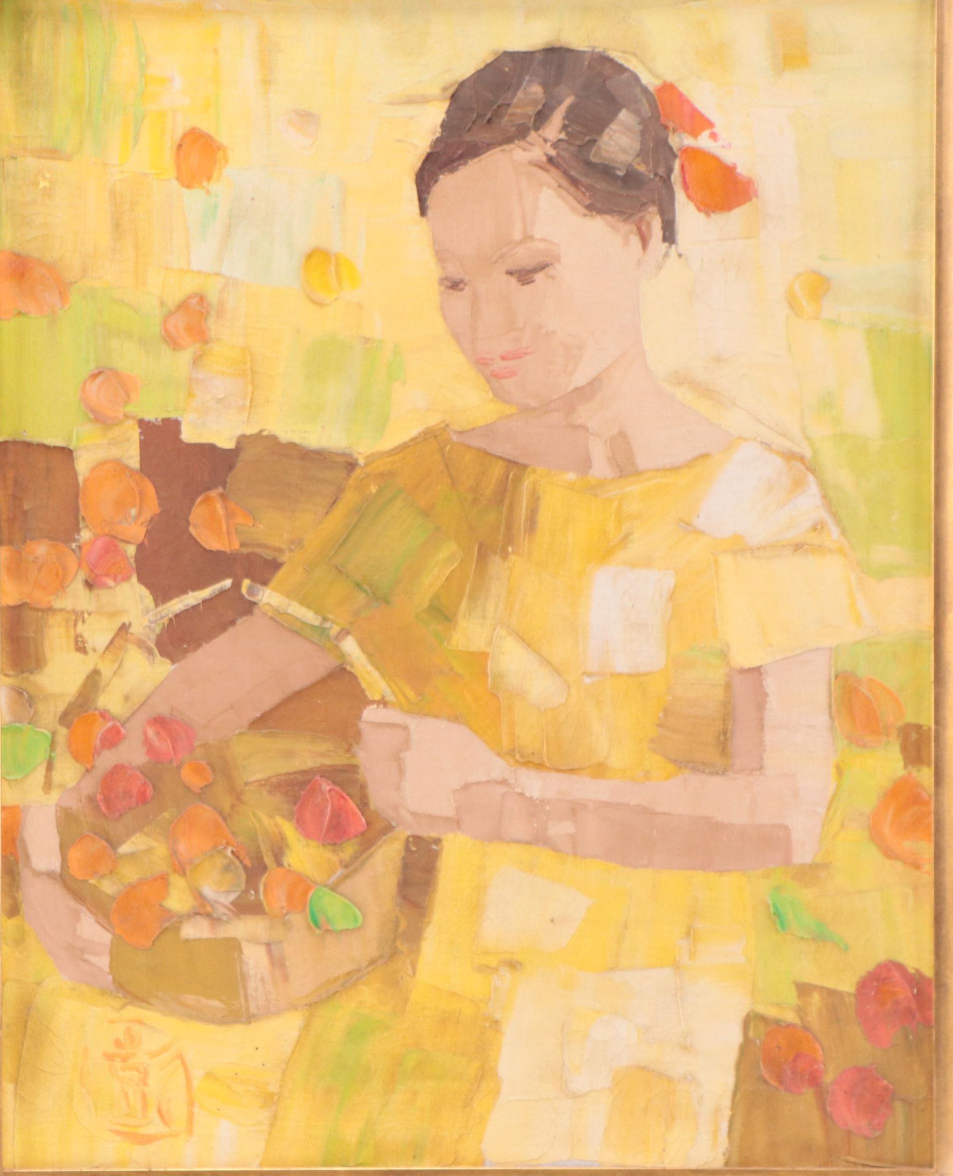 Portrait Oil Painting Of Woman With Flowers, Late 20th Century