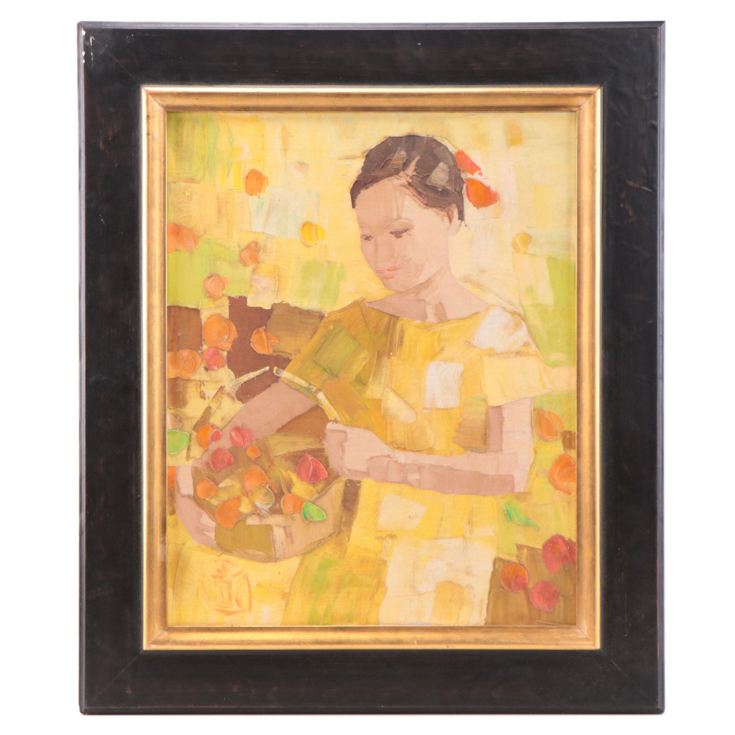 Portrait Oil Painting Of Woman With Flowers, Late 20th Century