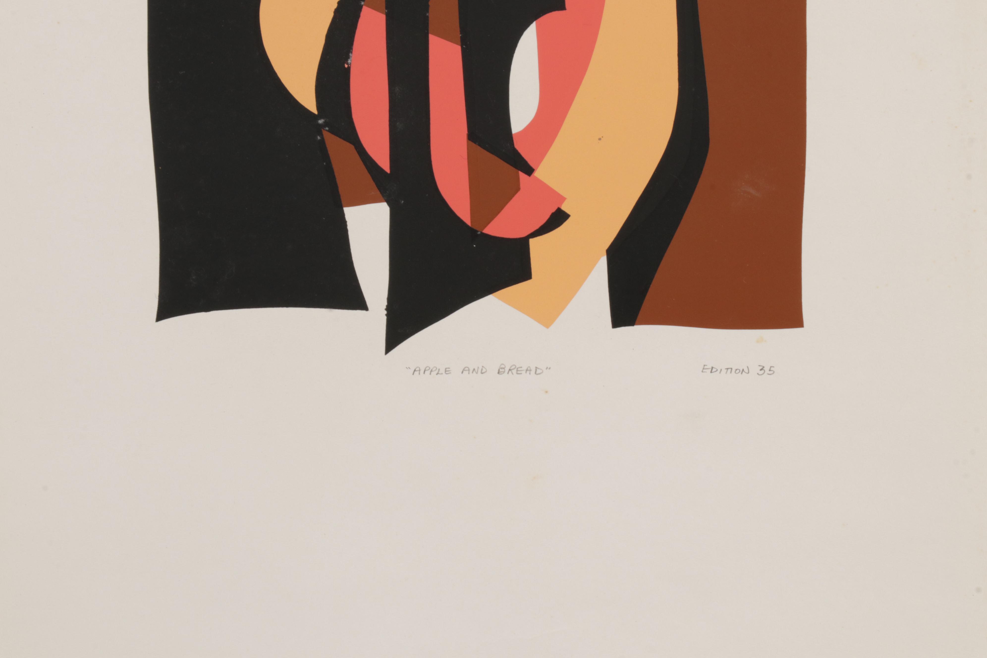 Lyn Seward Folk Art Serigraph "Apple and Bread," Circa 1985