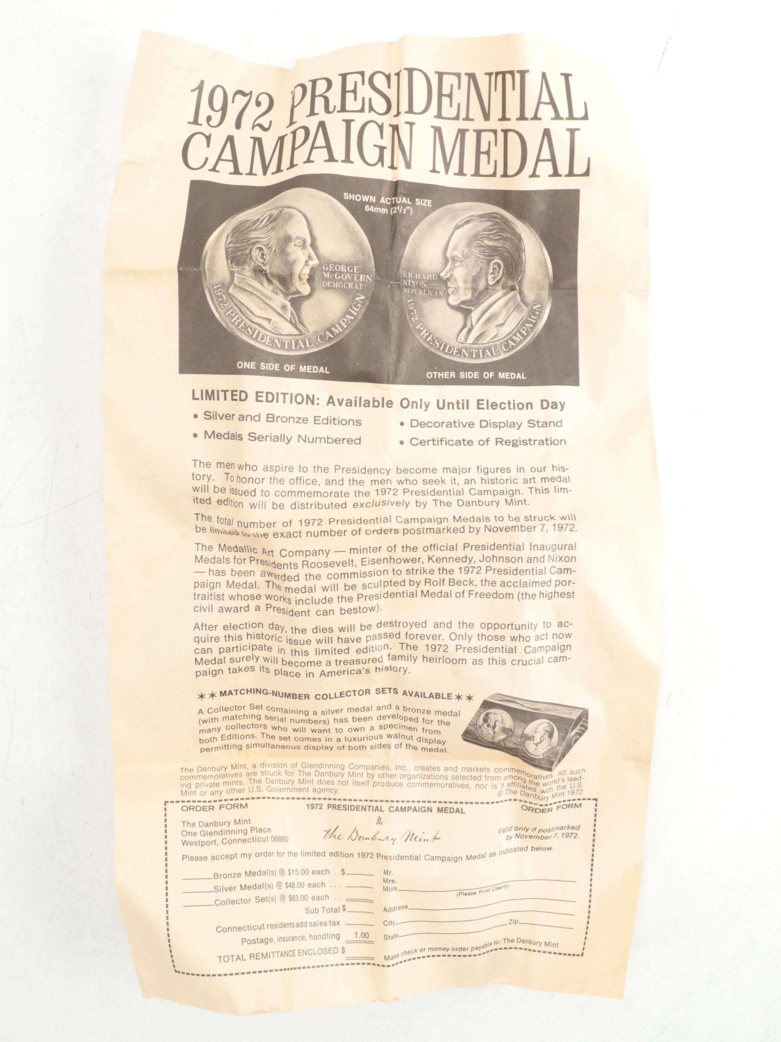 1972 Danbury Mint Limited Edition Presidential Campaign Bronze Medal