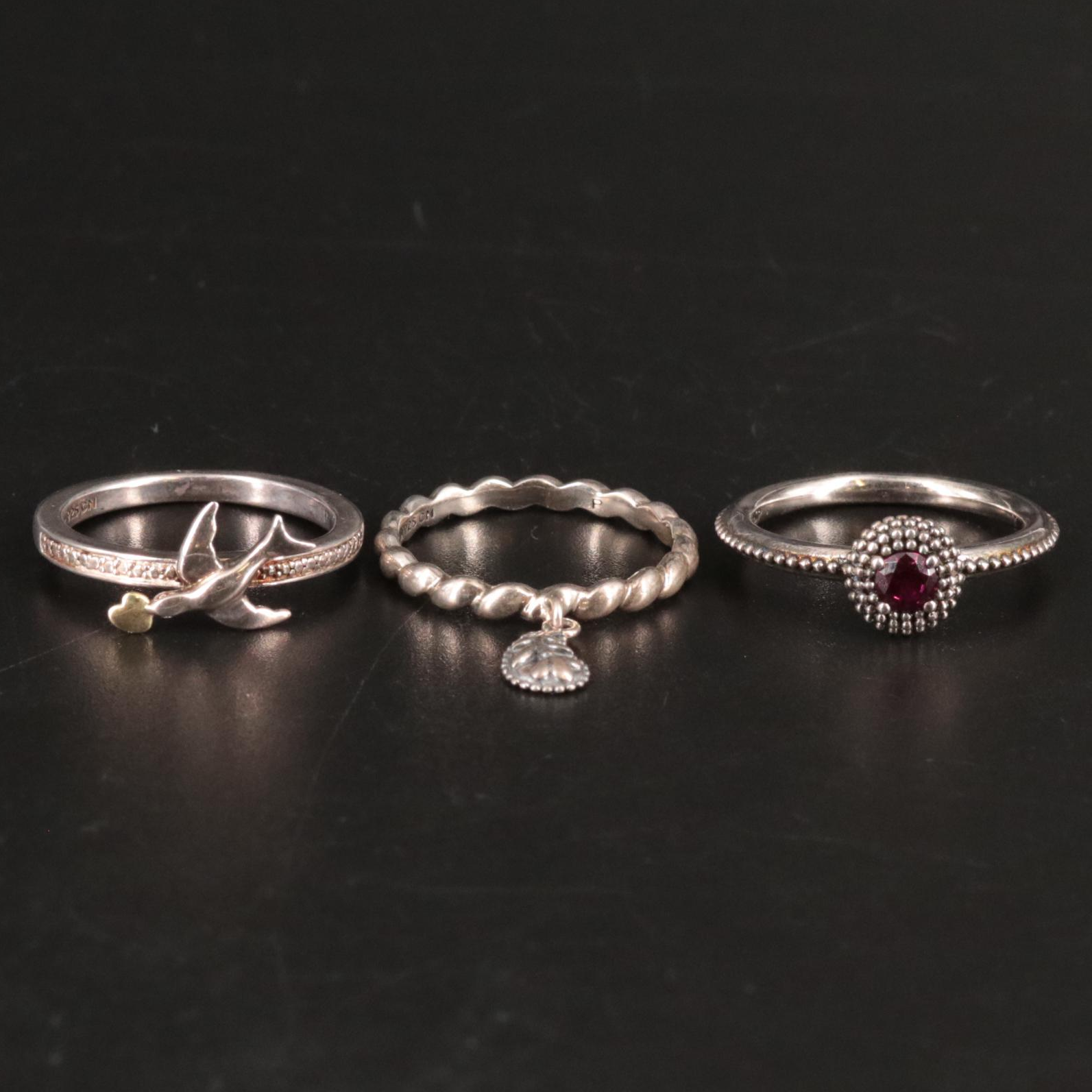 Sterling Dove Ring with Floral Pendant Ring and Beaded Ring