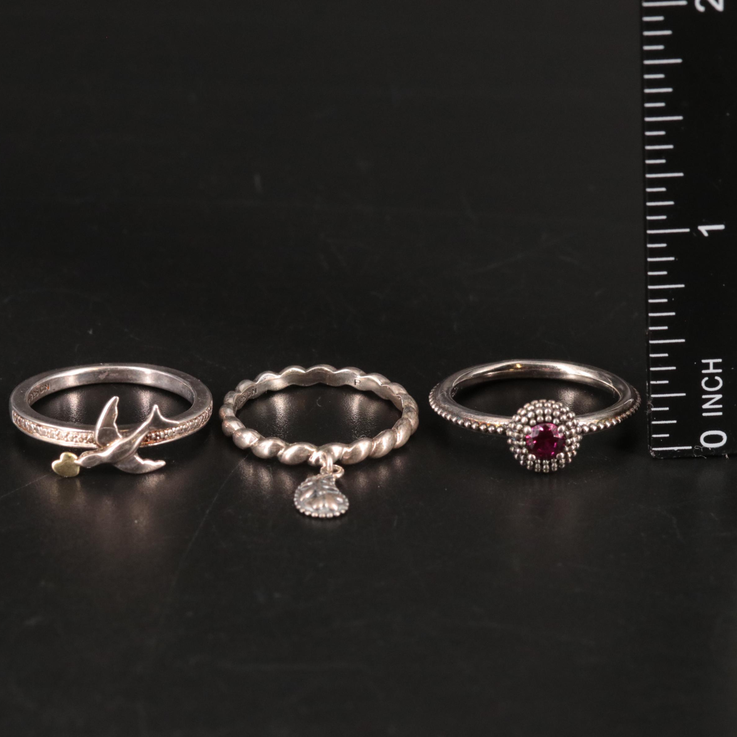 Sterling Dove Ring with Floral Pendant Ring and Beaded Ring