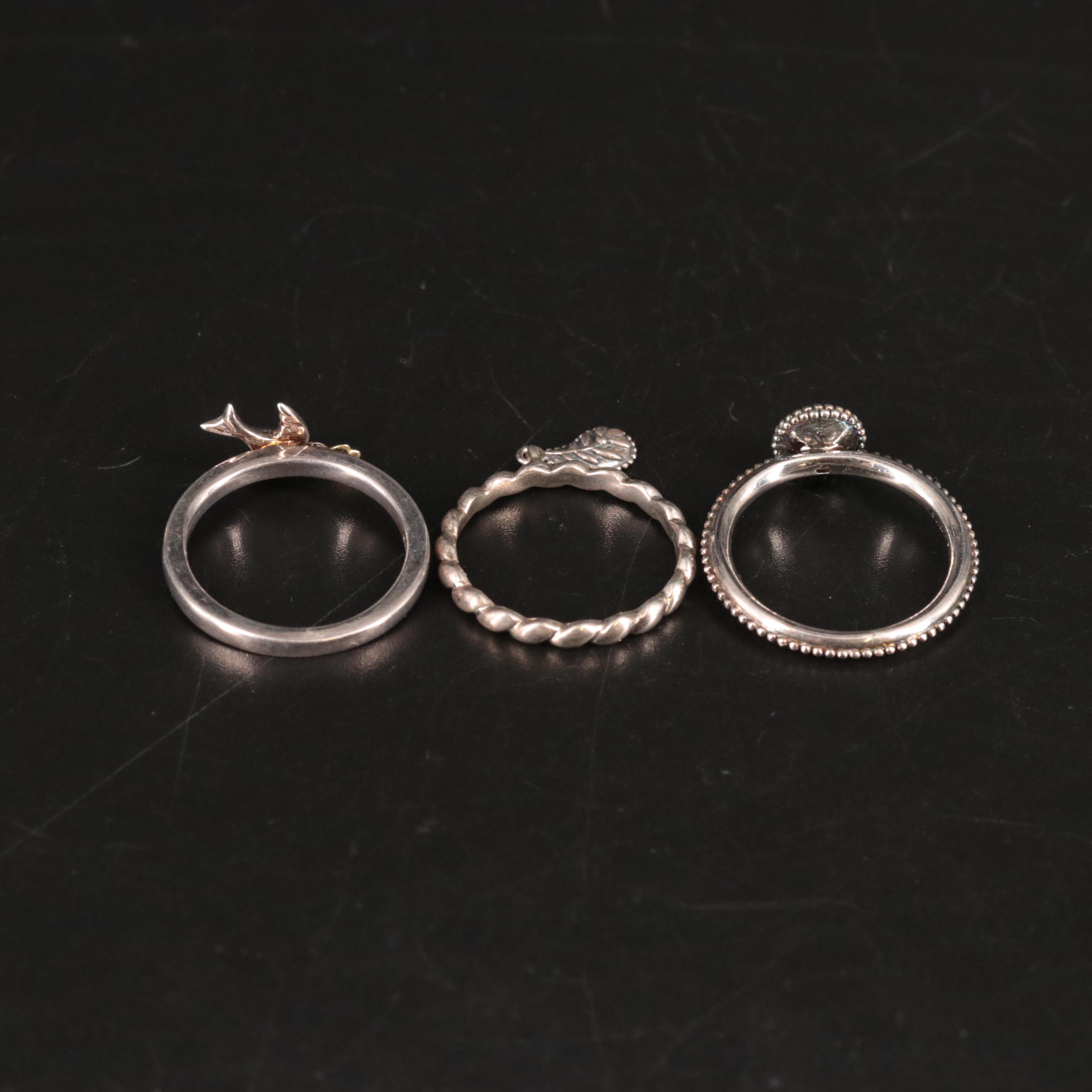 Sterling Dove Ring with Floral Pendant Ring and Beaded Ring