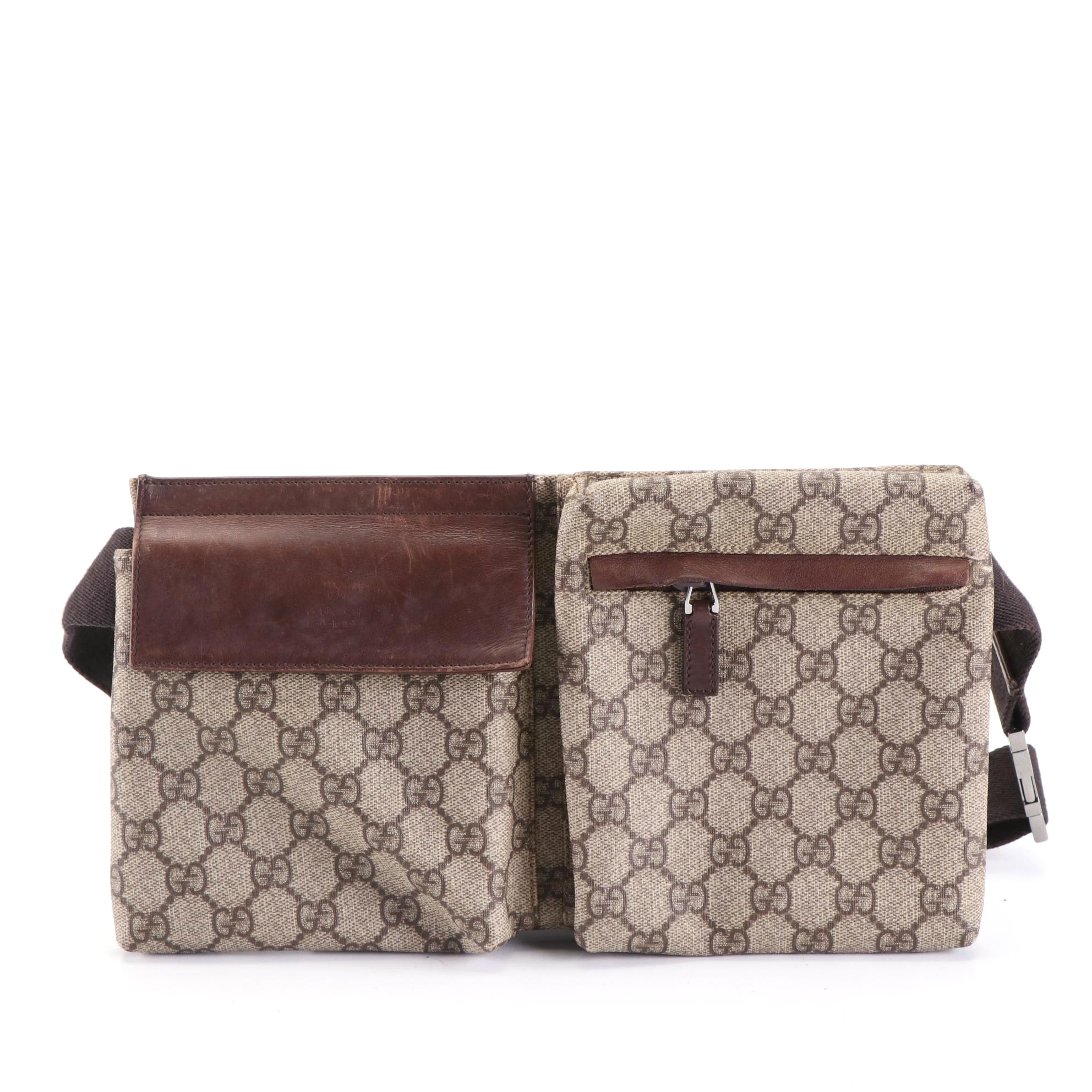 Gucci Waist Bag in GG Supreme Canvas and Brown Leather