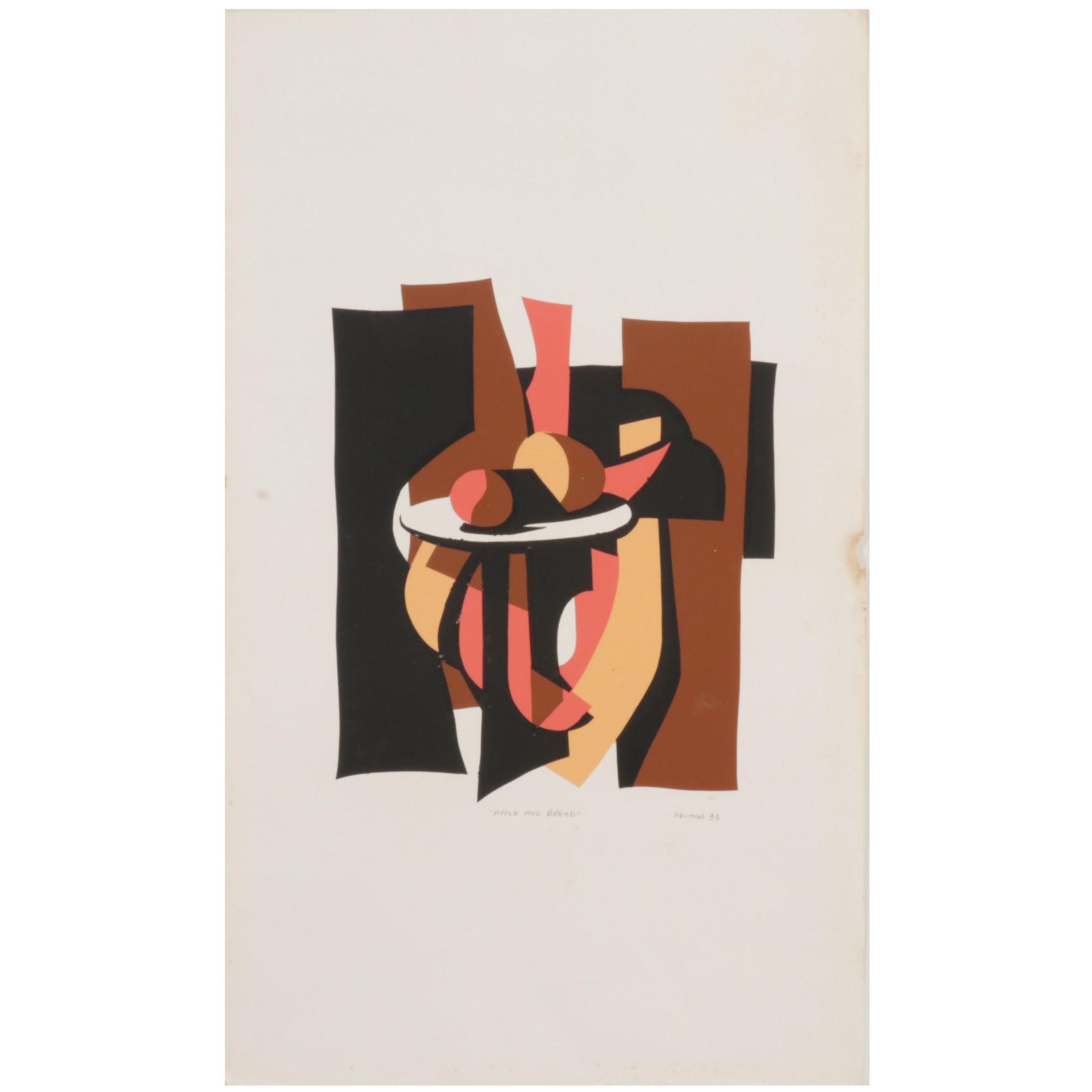 Lyn Seward Folk Art Serigraph "Apple and Bread," Circa 1985