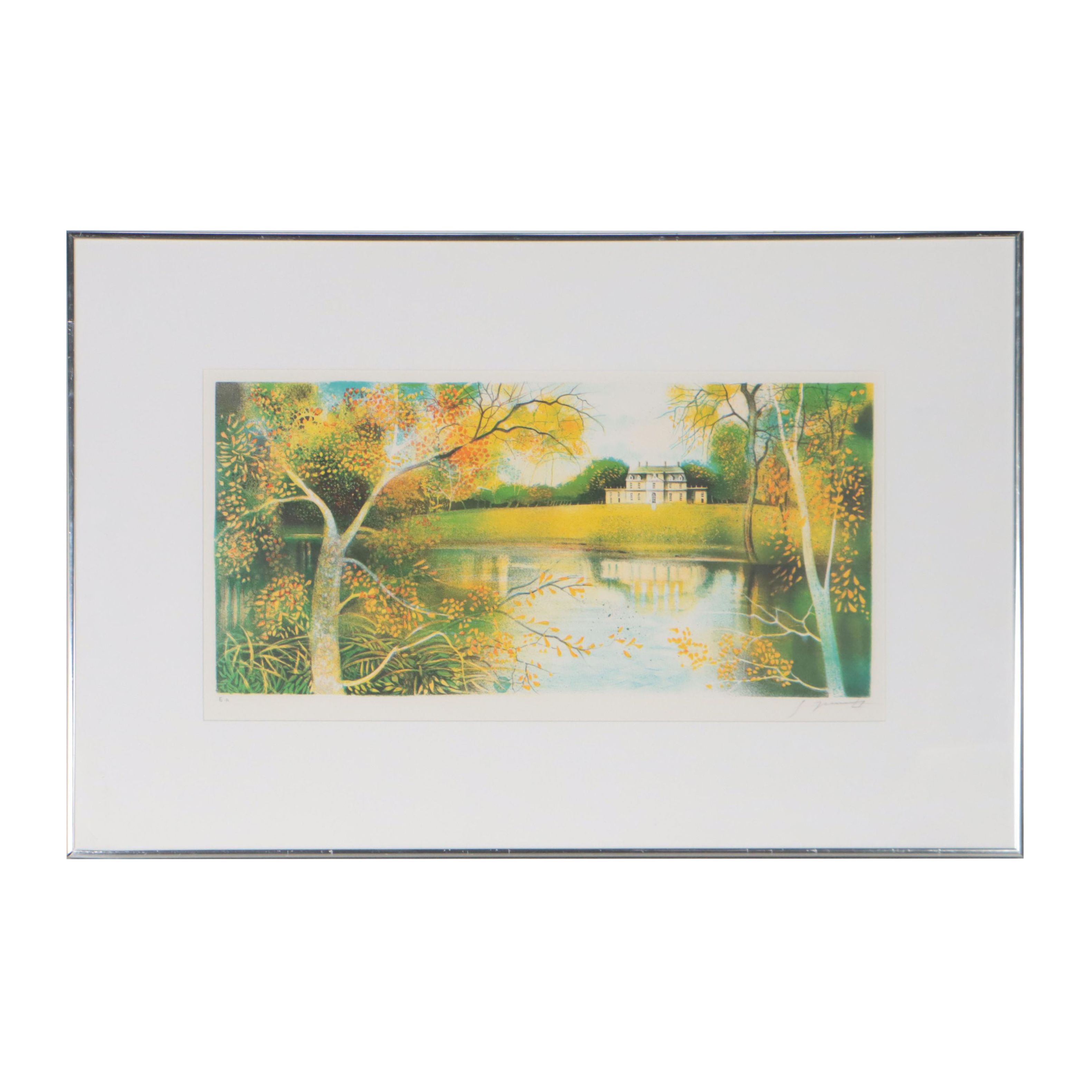 Lake Landscape Lithograph, Late 20th Century