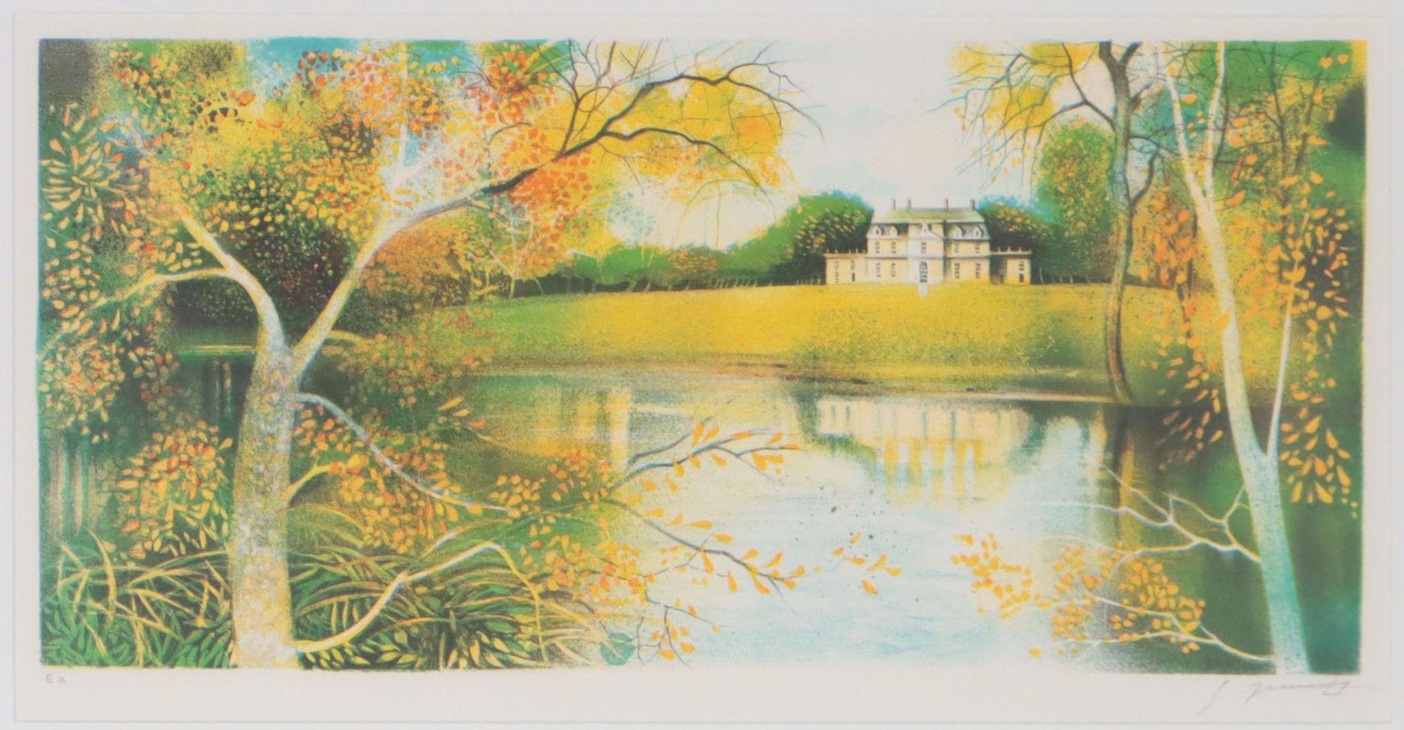 Lake Landscape Lithograph, Late 20th Century