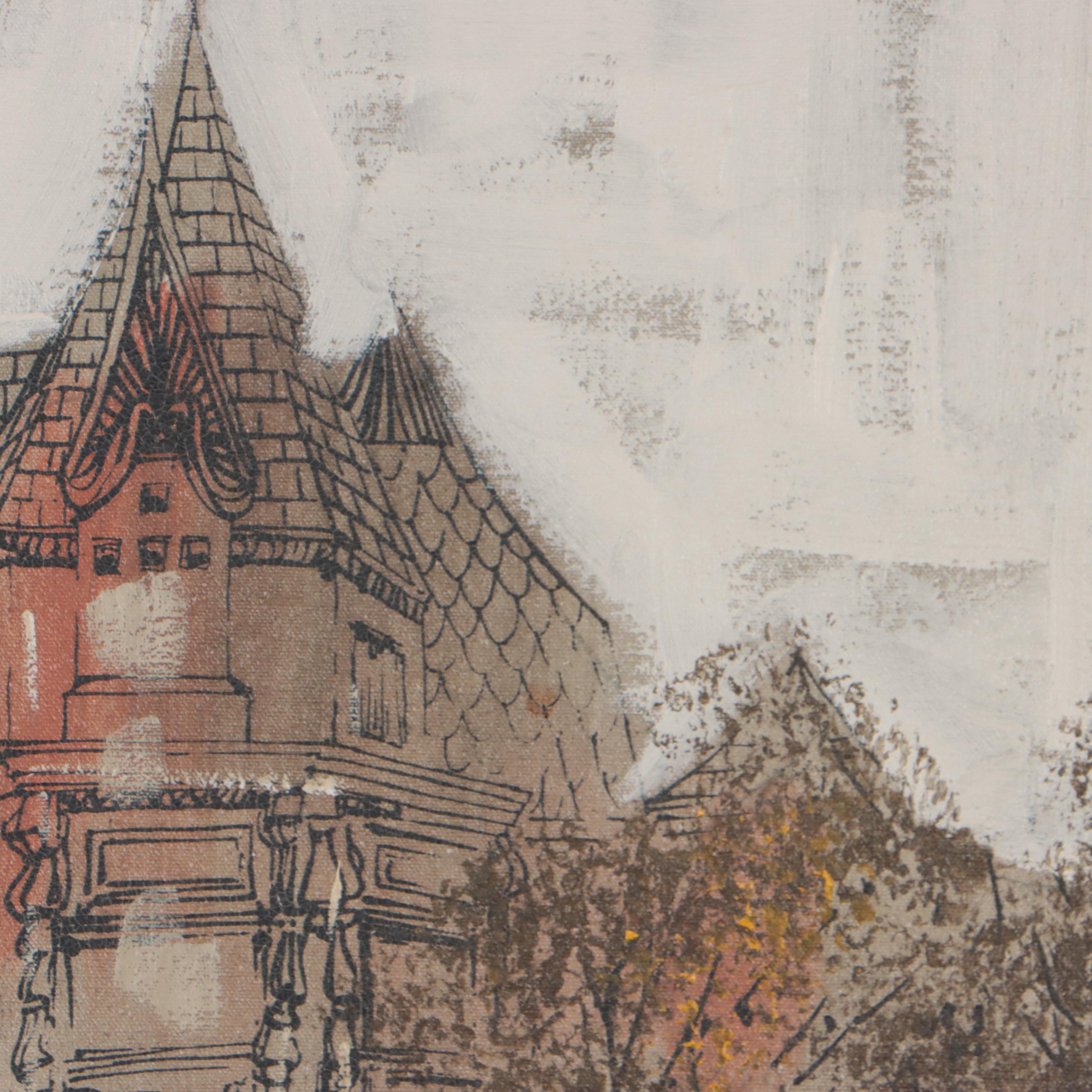 Architectural City Scene Mixed Media Painting