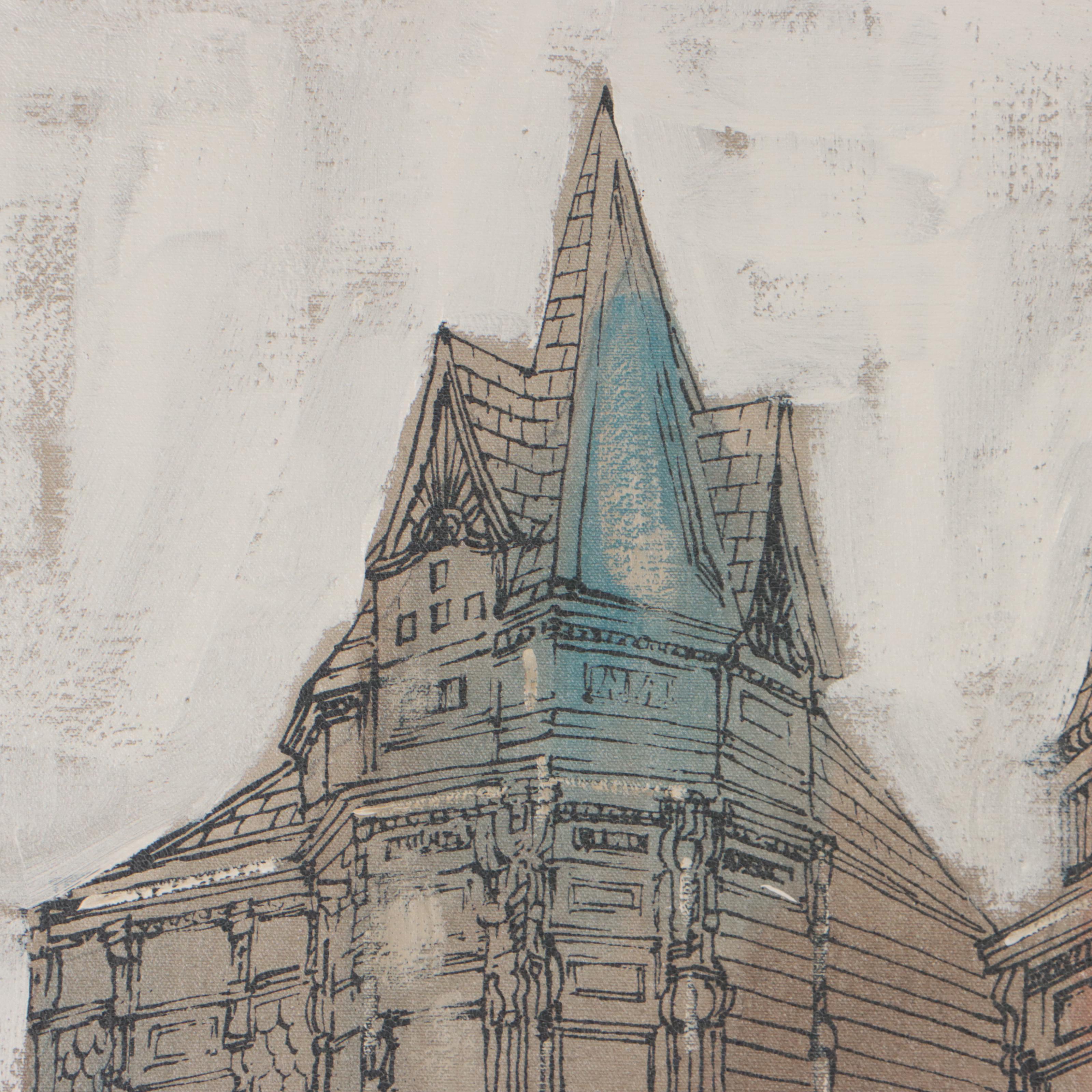 Architectural City Scene Mixed Media Painting