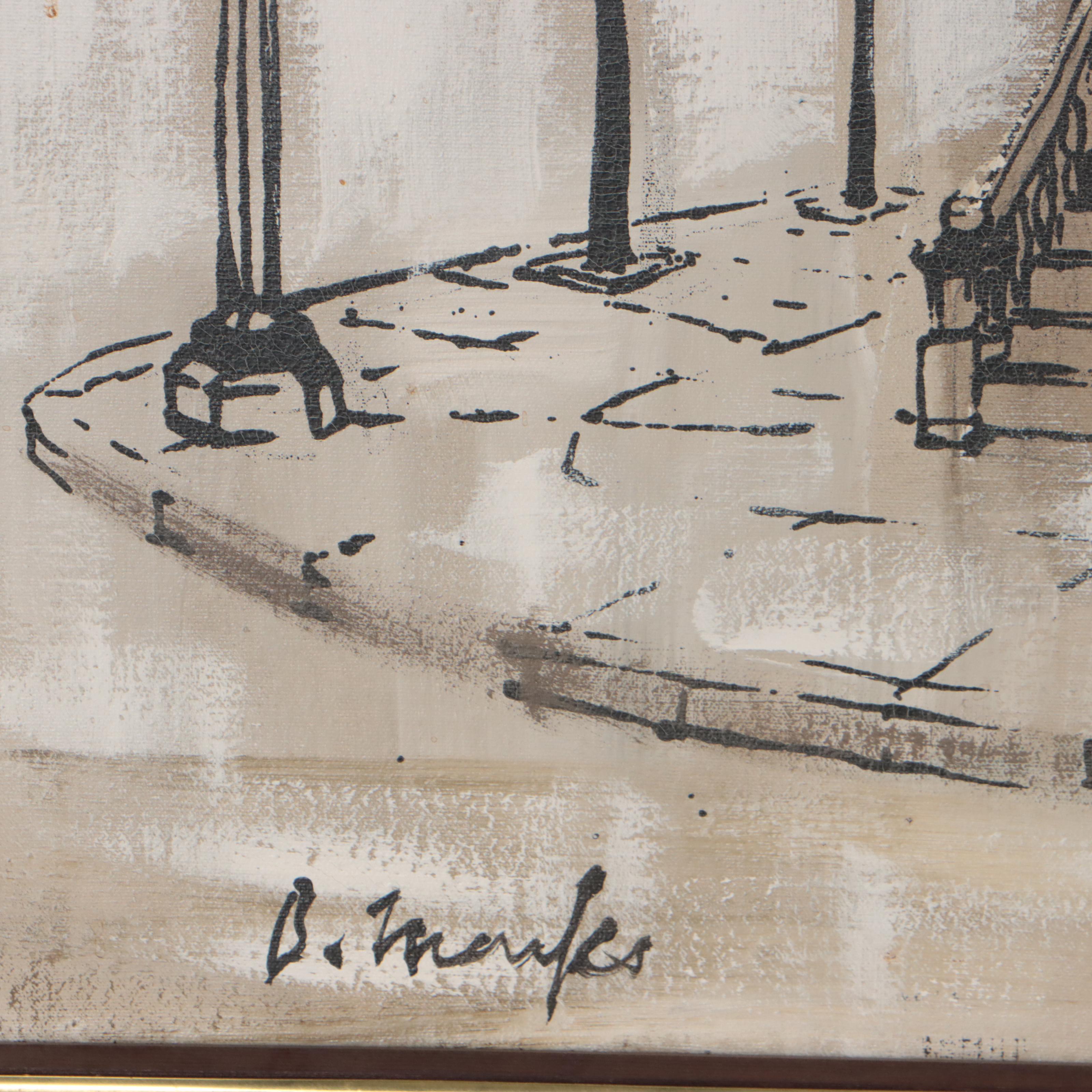 Architectural City Scene Mixed Media Painting