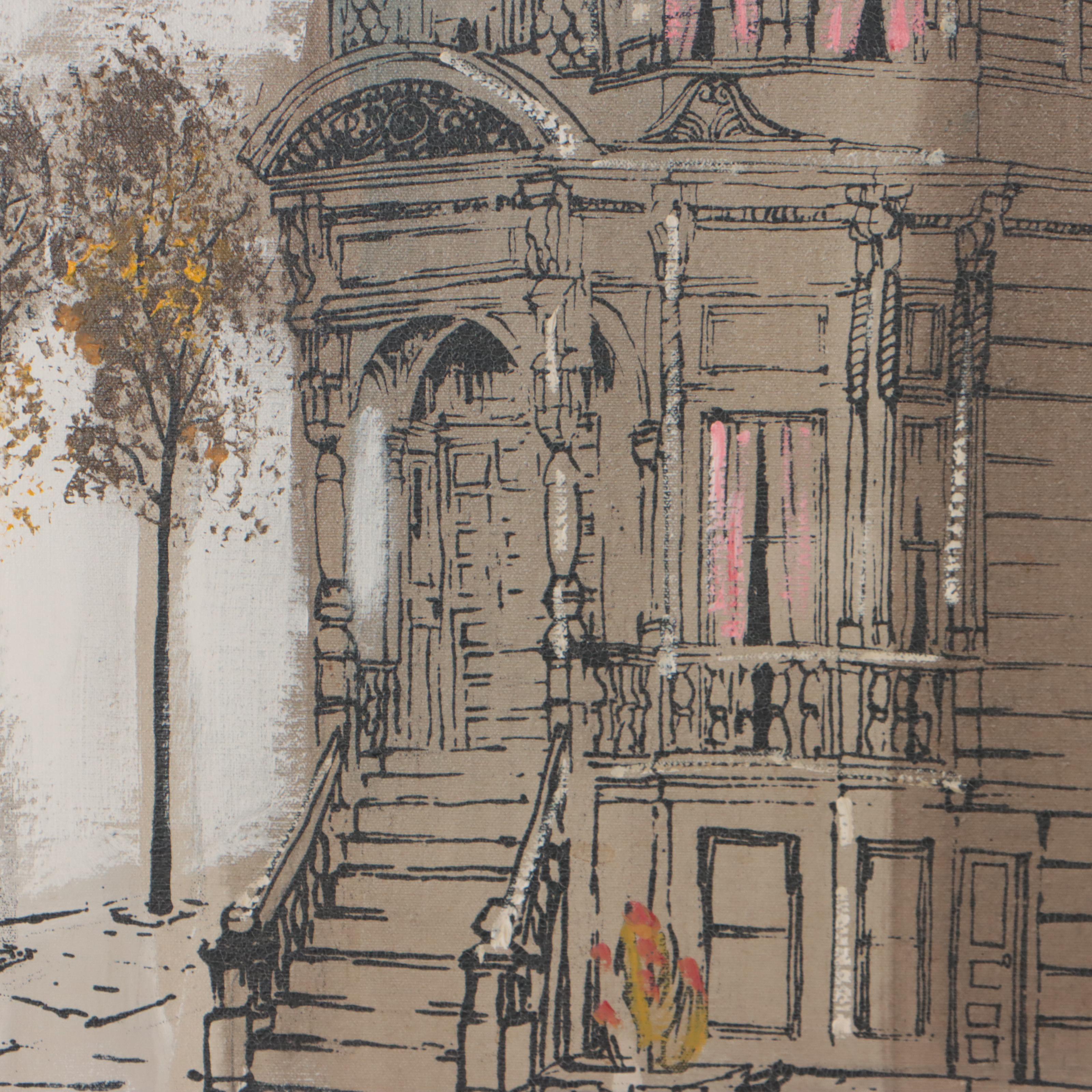 Architectural City Scene Mixed Media Painting