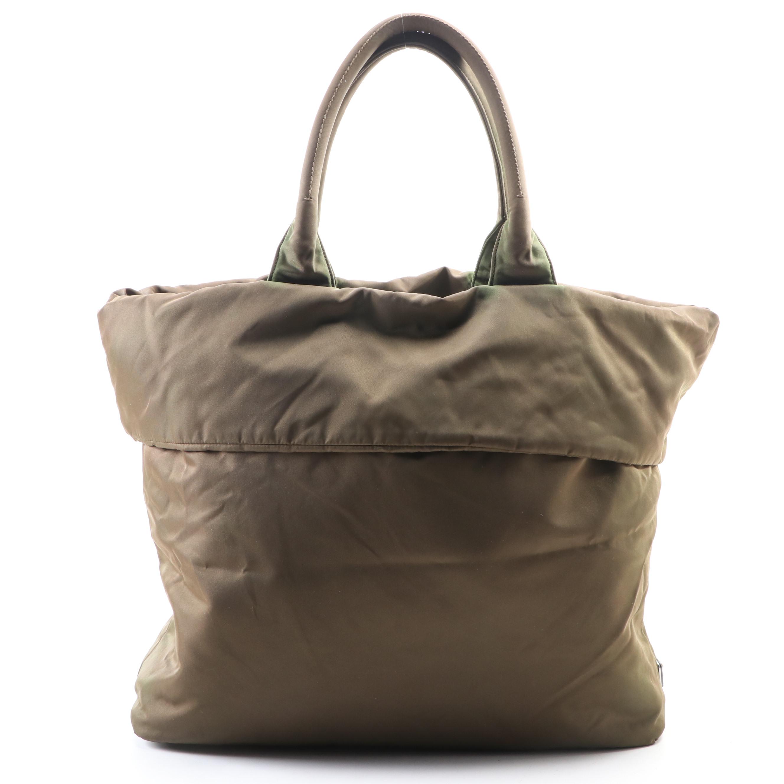 Prada Large Fold-Over Tote in Nylon Gabardine and Brown Leather Trim w/Strap