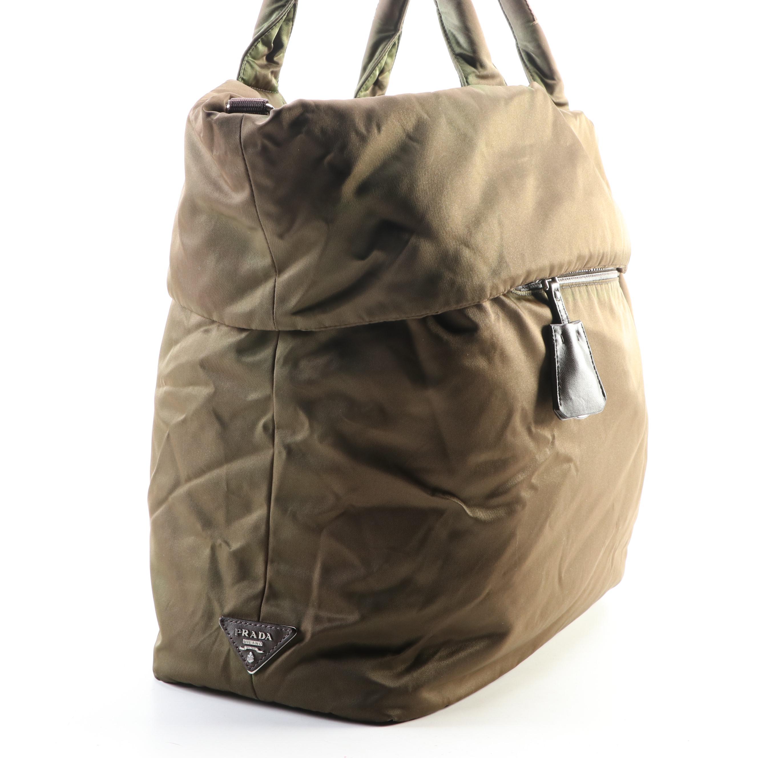 Prada Large Fold-Over Tote in Nylon Gabardine and Brown Leather Trim w/Strap